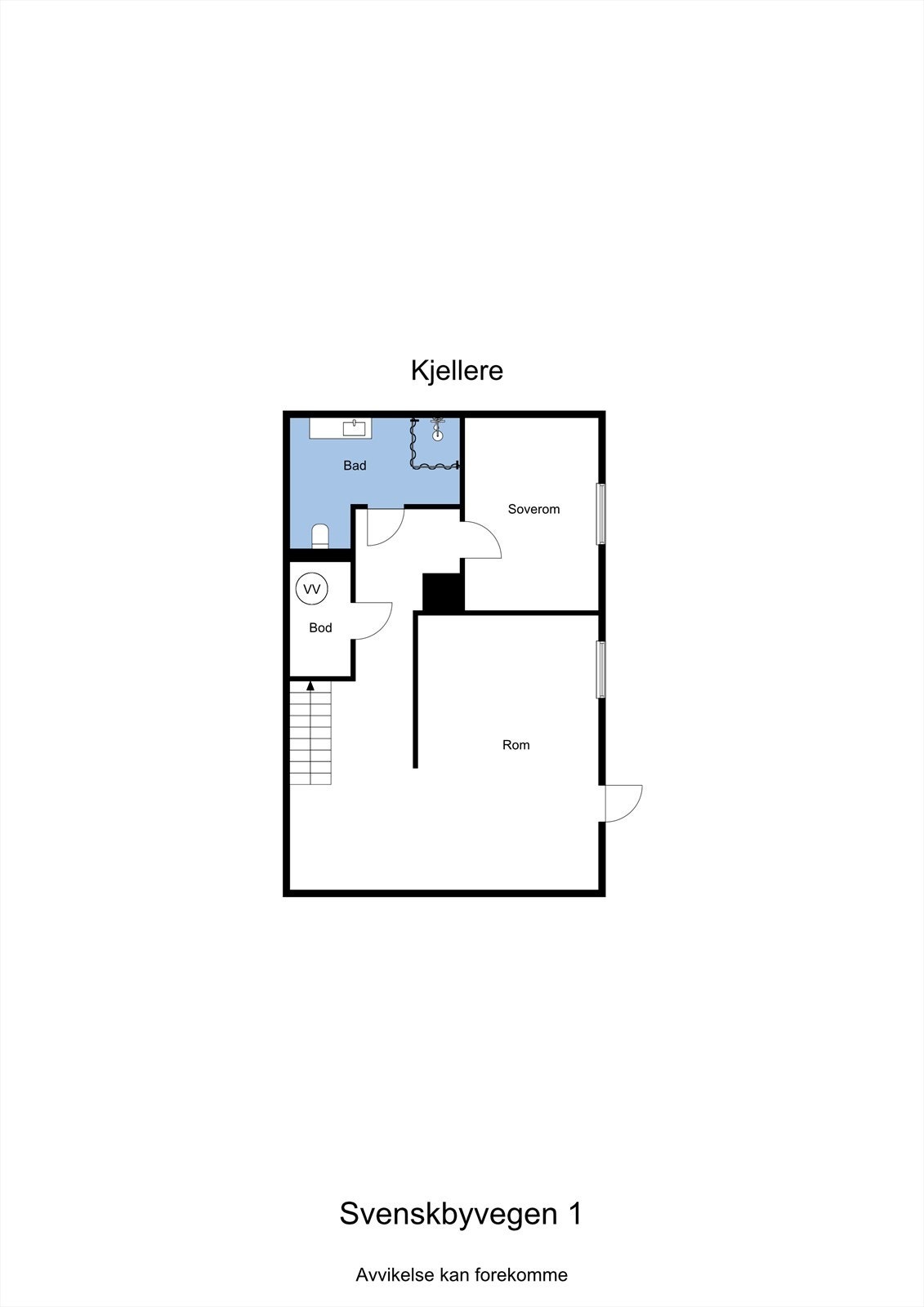 Planskisse kjeller. Det bemerkes at kjeller mest sannsynlig ikke var tiltenkt innredet ved byggeår - les mer i salgsoppgave under avsnittet ferdigattest/brukstillatelse. Galleribilde