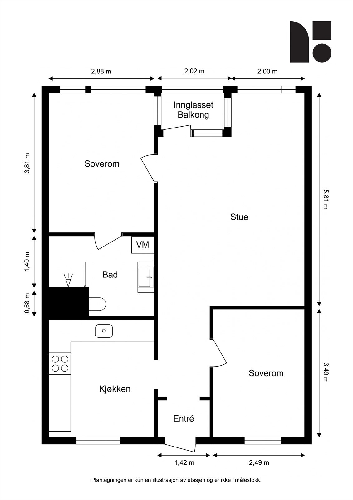 Plantegning. Boligen disponerer i tillegg en bod i kjeller på 6 kvm. Galleribilde