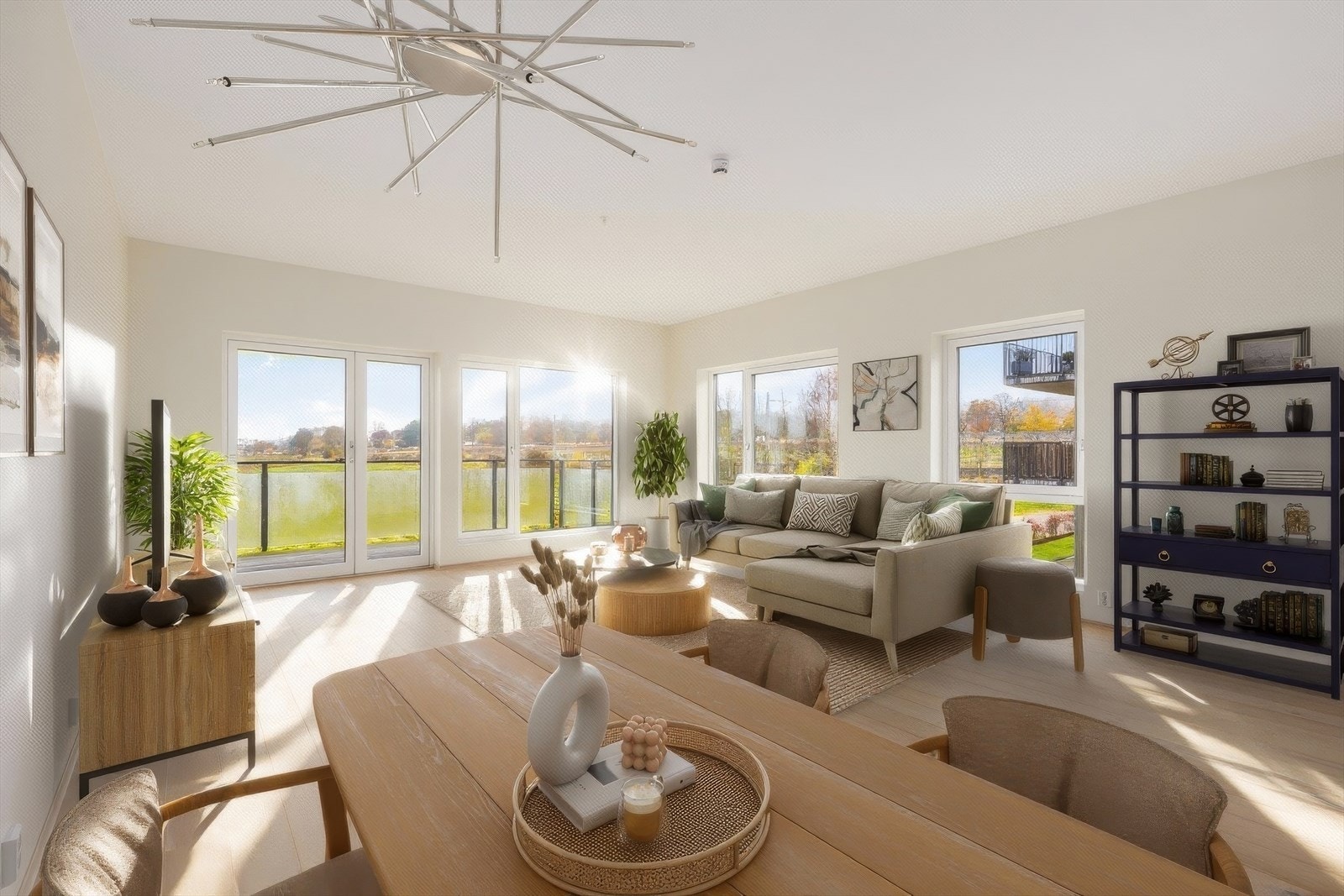 Leiligheten med lyse, åpne rom har varmekabel i stue/kjøkken, entrè/gang og baderom. (Digital møblering, kun en illustrasjon) Galleribilde