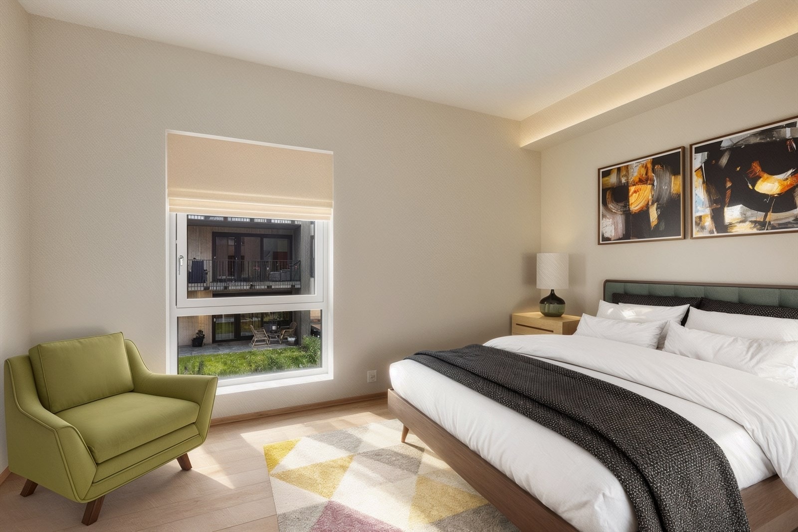 Leiligheten har to soverom, begge med østvendt beliggenhet. (Digital møblering, kun en illustrasjon) Galleribilde