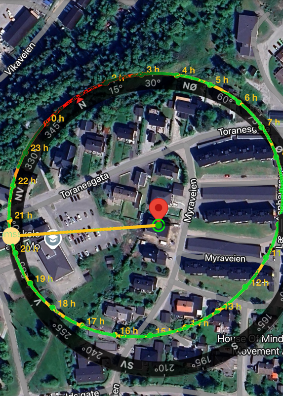 Her viser vi solgangen på eiendommen. Solen er på eiendommen stort sett hele døgnet. NB! Her er det tatt utgangspunkt i 1.Juli. Galleribilde
