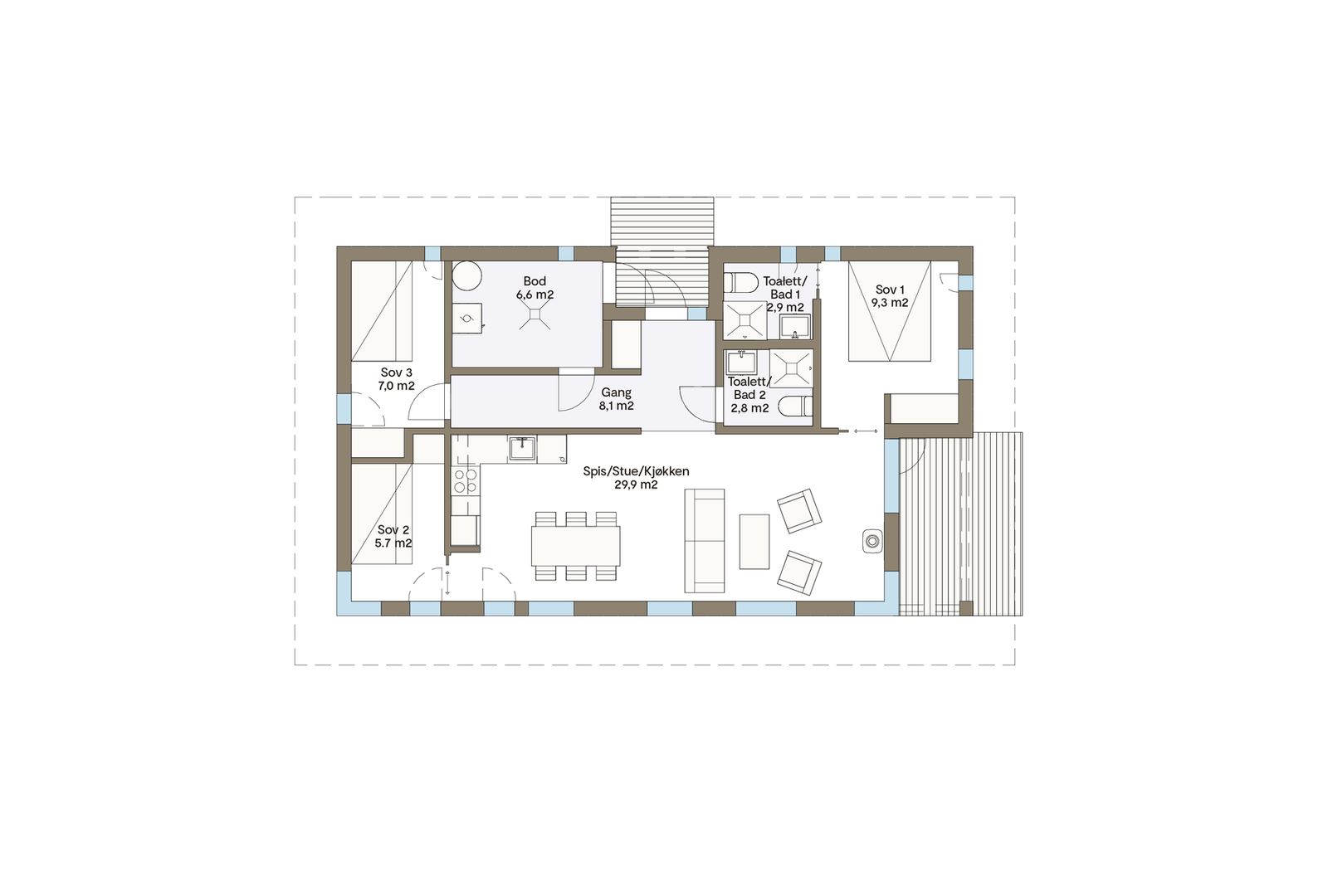 Plantegning Vy21AT som er priset i annonsen. Andre modeller kan også bygges på tomten Galleribilde