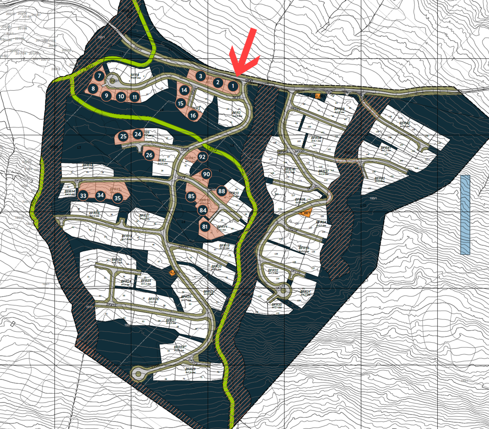 Tomtekart. Leve Hytter har tilgang på tomter merket brunt Galleribilde