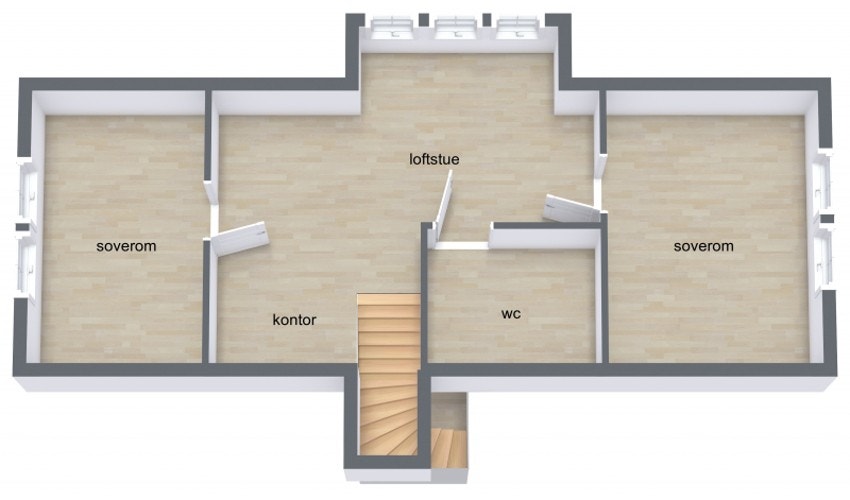 Loftetasjen byr på 2 soverom, stue og toalettrom. Galleribilde