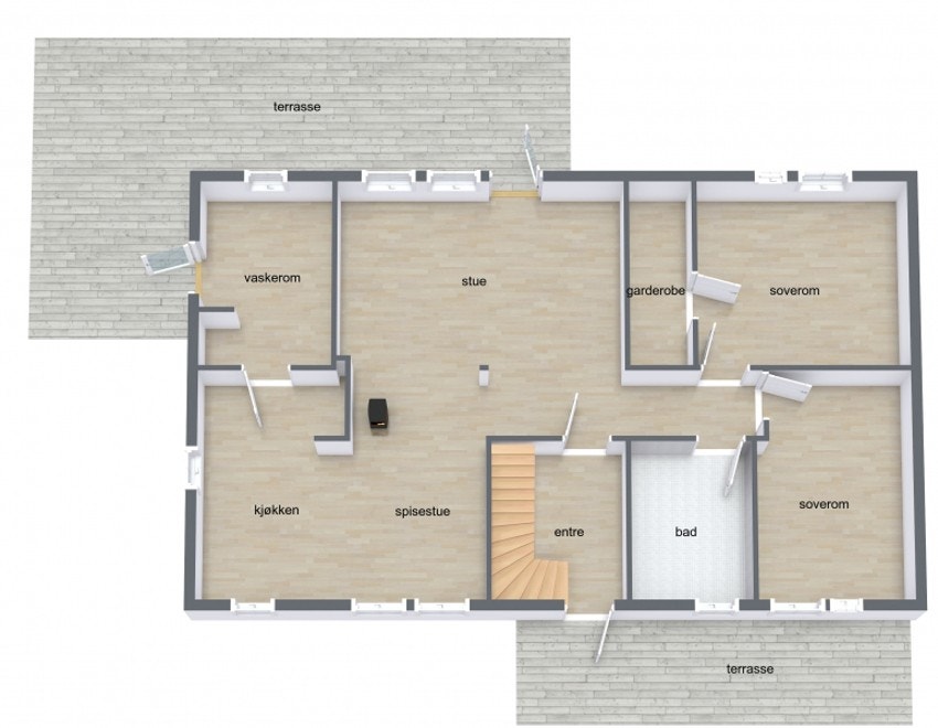 1.etg. byr på bad, kjøkken/stue, vaskerom, 2 soverom, garderobe og entré. Galleribilde