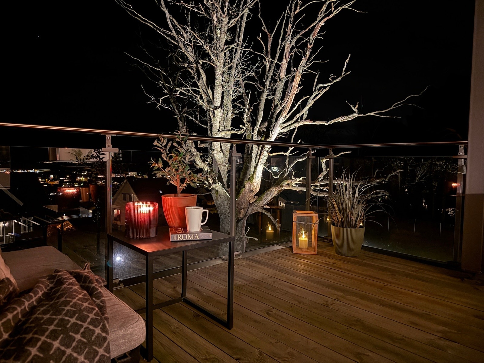 Flott lyssetting av eiketreet ved mørkets frembrudd. Galleribilde