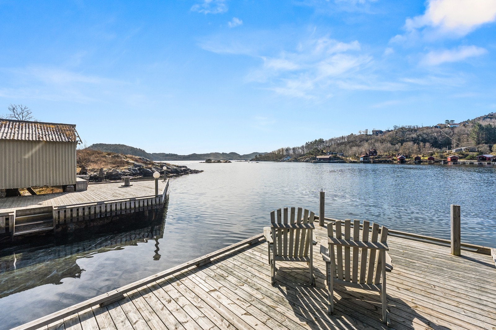 Nede på brygga. Eiendommen har lang strandlinje. Galleribilde