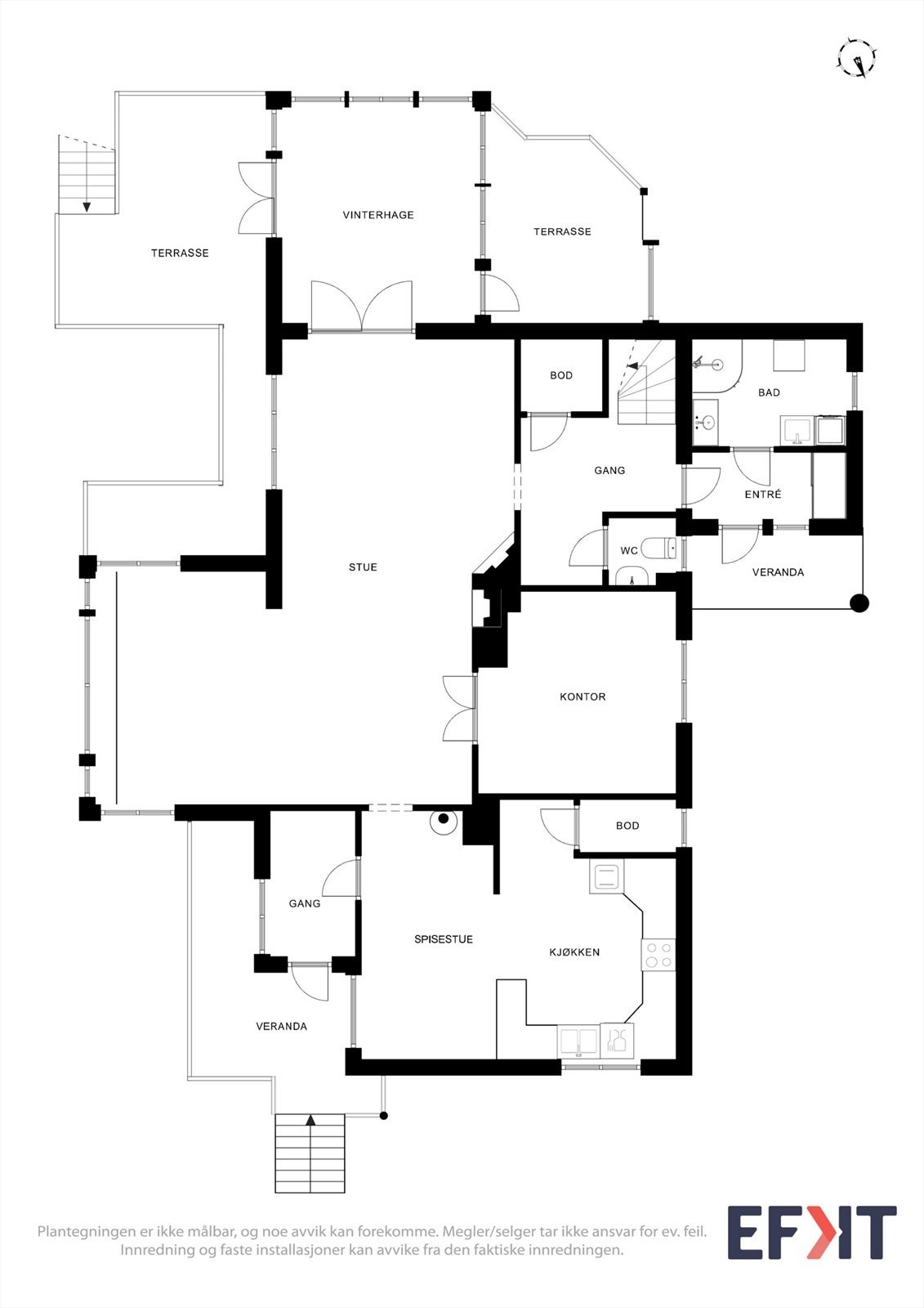 Plantegning for 1. etasje, som utgjør boligens sosiale sone med flere stuer og kjøkken. Galleribilde