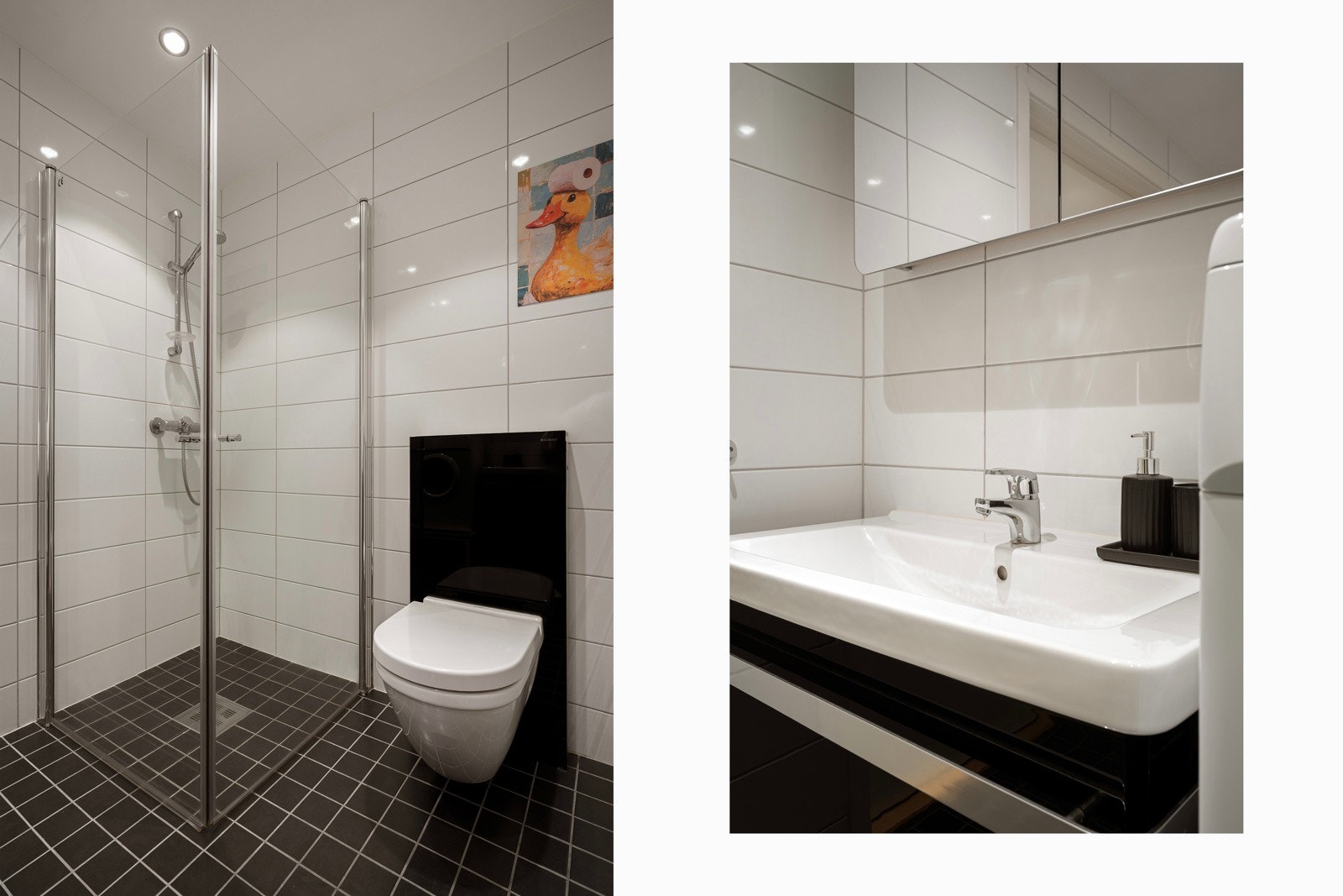 Badet har servant med praktisk underskap med god oppbevaringsplass.