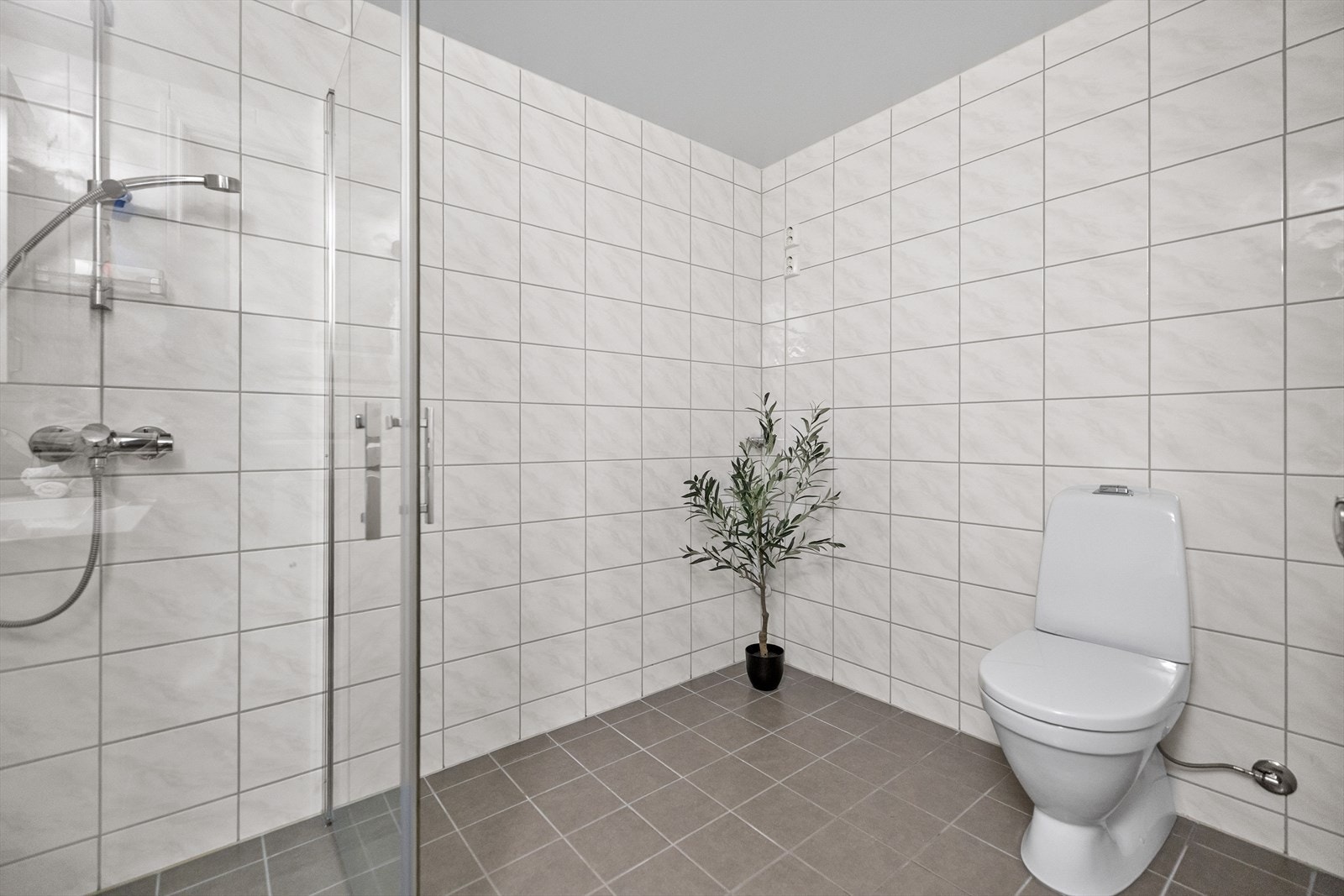 Her finner du innredning med servant, speil, toalett og dusjhjørne med glassvegger. Det er også opplegg for vaskemaskin og tørketrommel. Galleribilde