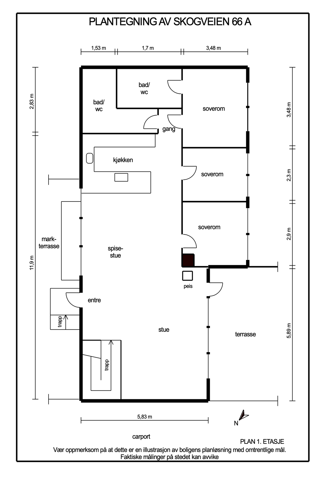 Svært praktisk og familievennlig planløsning med 2 bad og 3 soverom i 1. etasje. Galleribilde