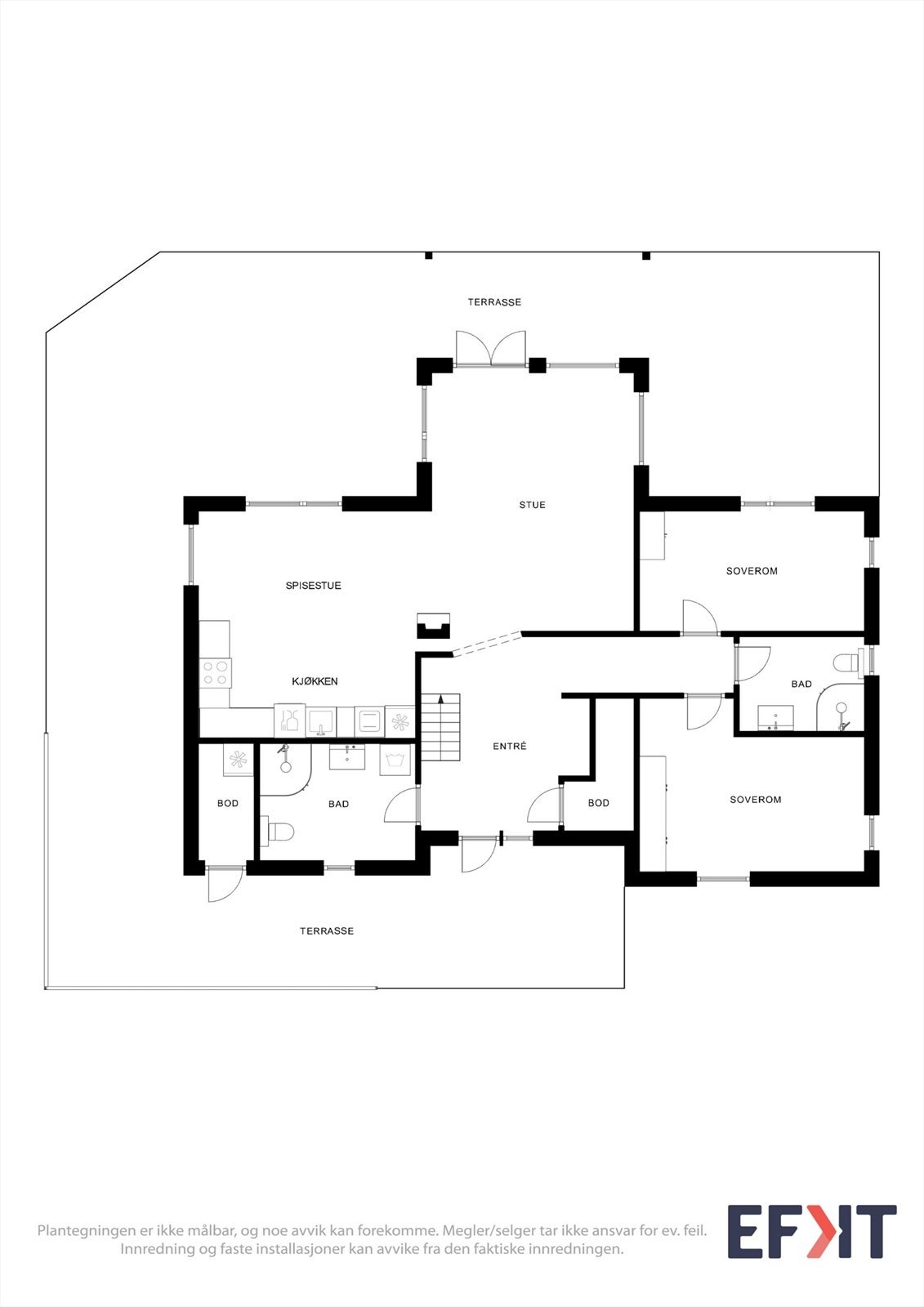 Oversiktlig hovedplan med åpen stue/kjøkken-løsning, to soverom og lett adkomst til terrasse. Galleribilde