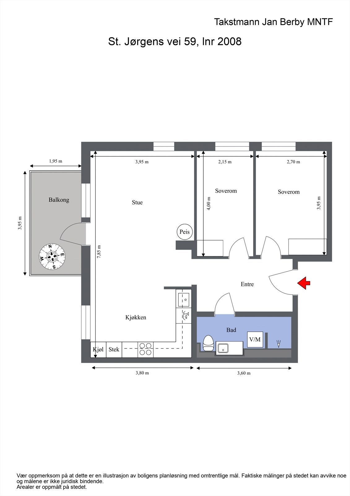 Plantegningen illustrerer en arealeffektiv 3-roms hjørneleilighet. Galleribilde