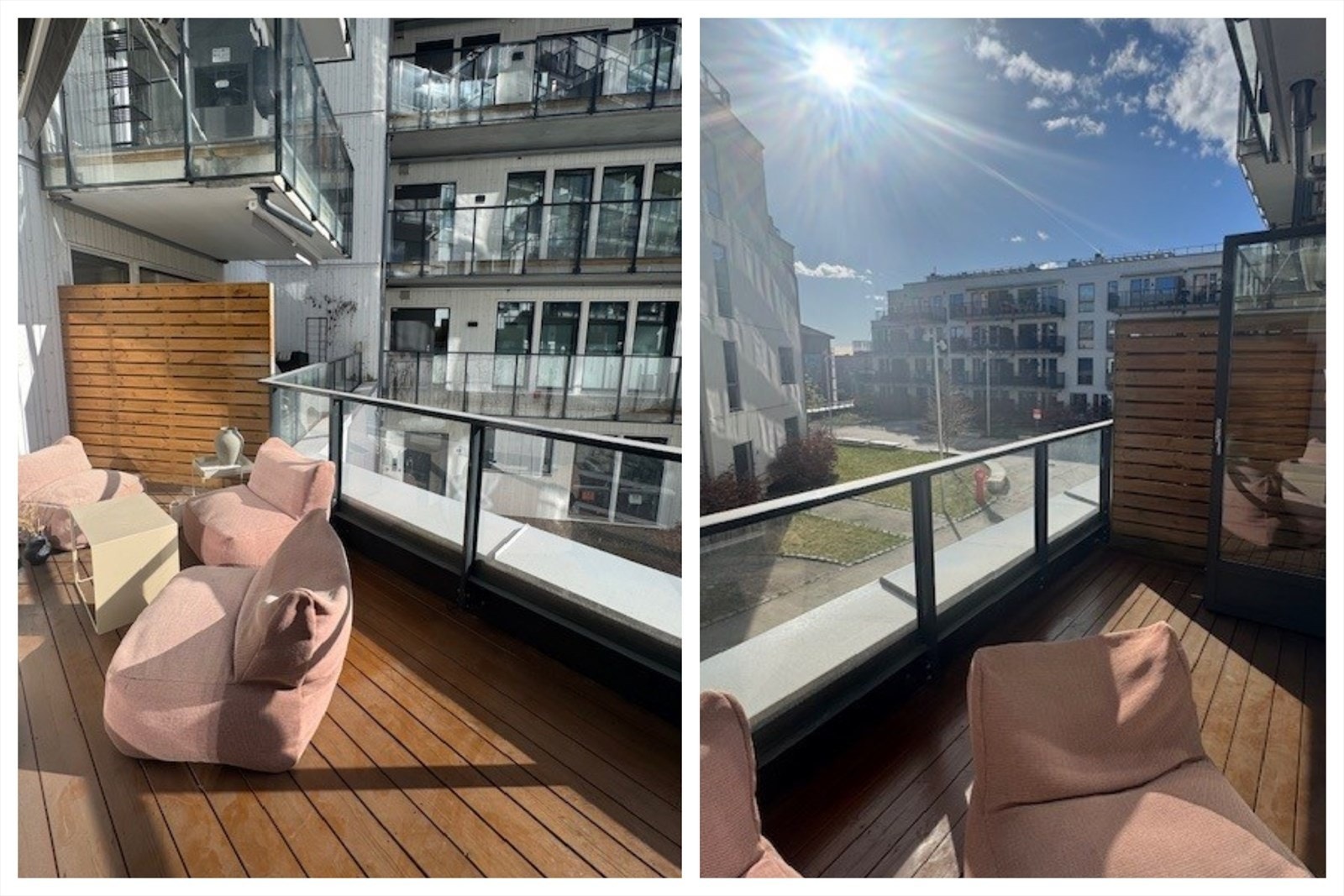 Fra det store allrommet har man enkel tilgang til terrassen på hele 10kvm. Balkongen ligger rolig og tilbaketrukket til i den indre delen av gårdsrommet. Sameiet har også to flotte takterrasser med panoramautsikt som beboerne disponerer. Galleribilde