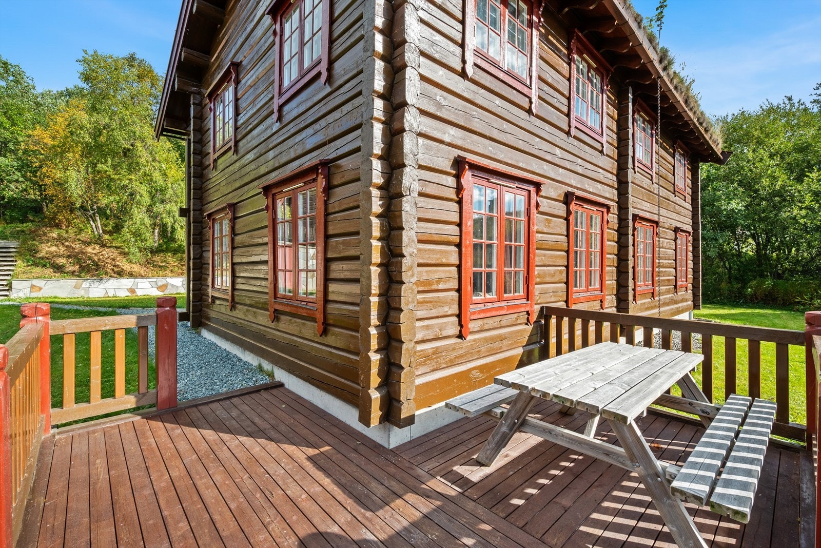 Solrik og pent opparbeidet tomt med stor terrasse, flott utsikt og gode solforhold hele året. Uteplassen er perfekt for både vinteren og lange sommerkvelder Galleribilde