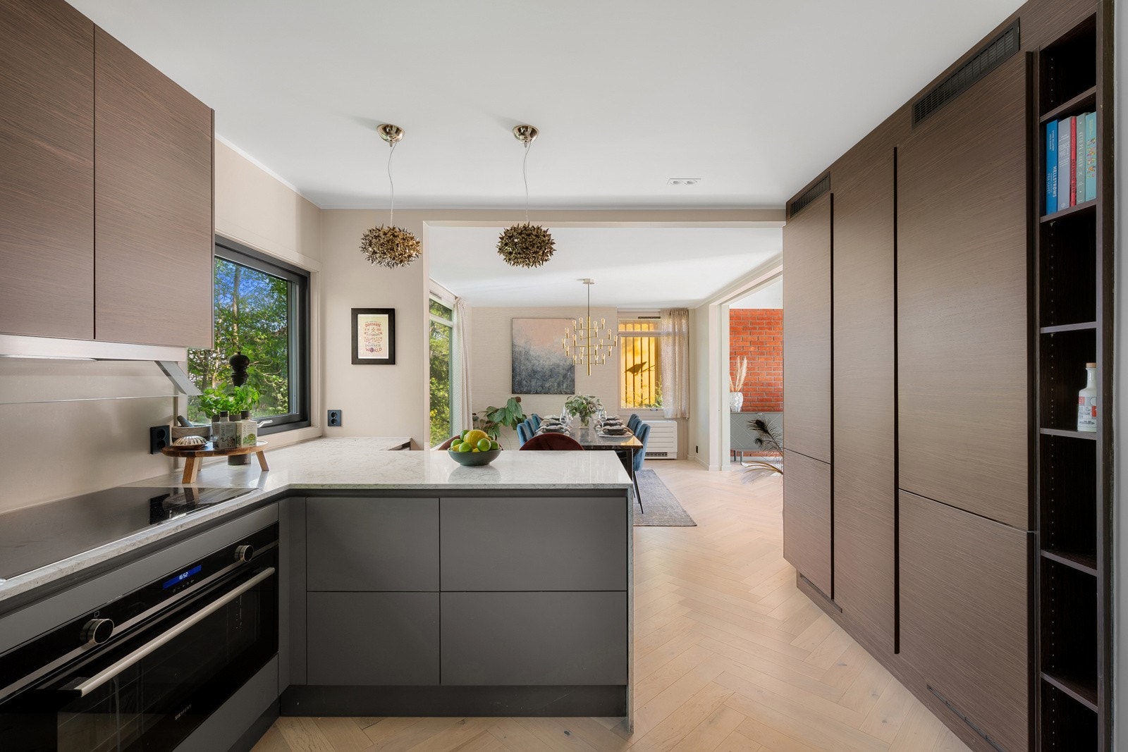 Ventilator med utkast til friluft, Quooker (CUBE) og integrerte hvitevarer. Waterguard og komfyrvakt er montert Galleribilde