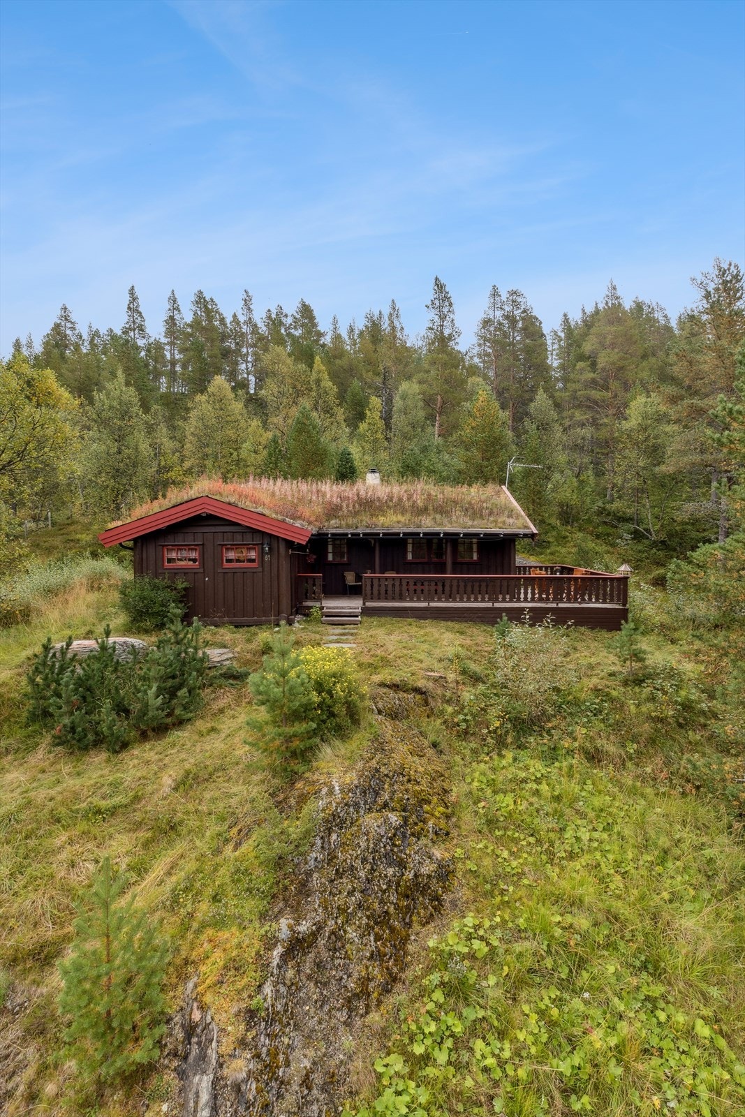 En sjarmerende fritidsbolig fra 1982, med tradisjonelt torvtak og stående panelkledning. Galleribilde