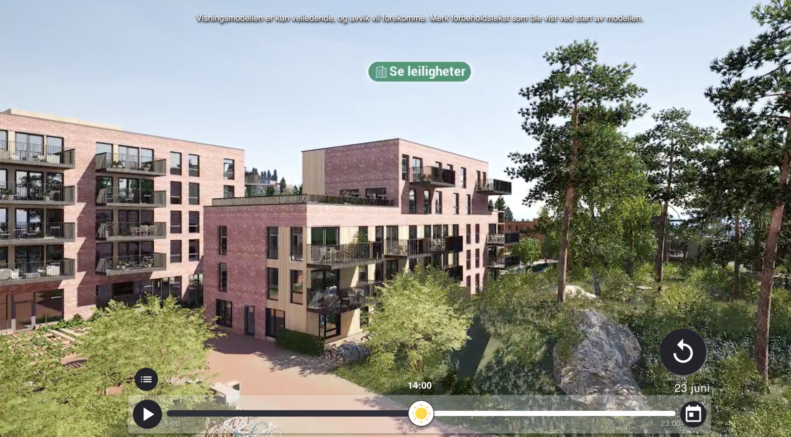 Bildet viser den aktuelle leiligheten fra utbyggers solmodell. Bildet er en illustrasjon og kan avvike fra ferdig leveranse Galleribilde