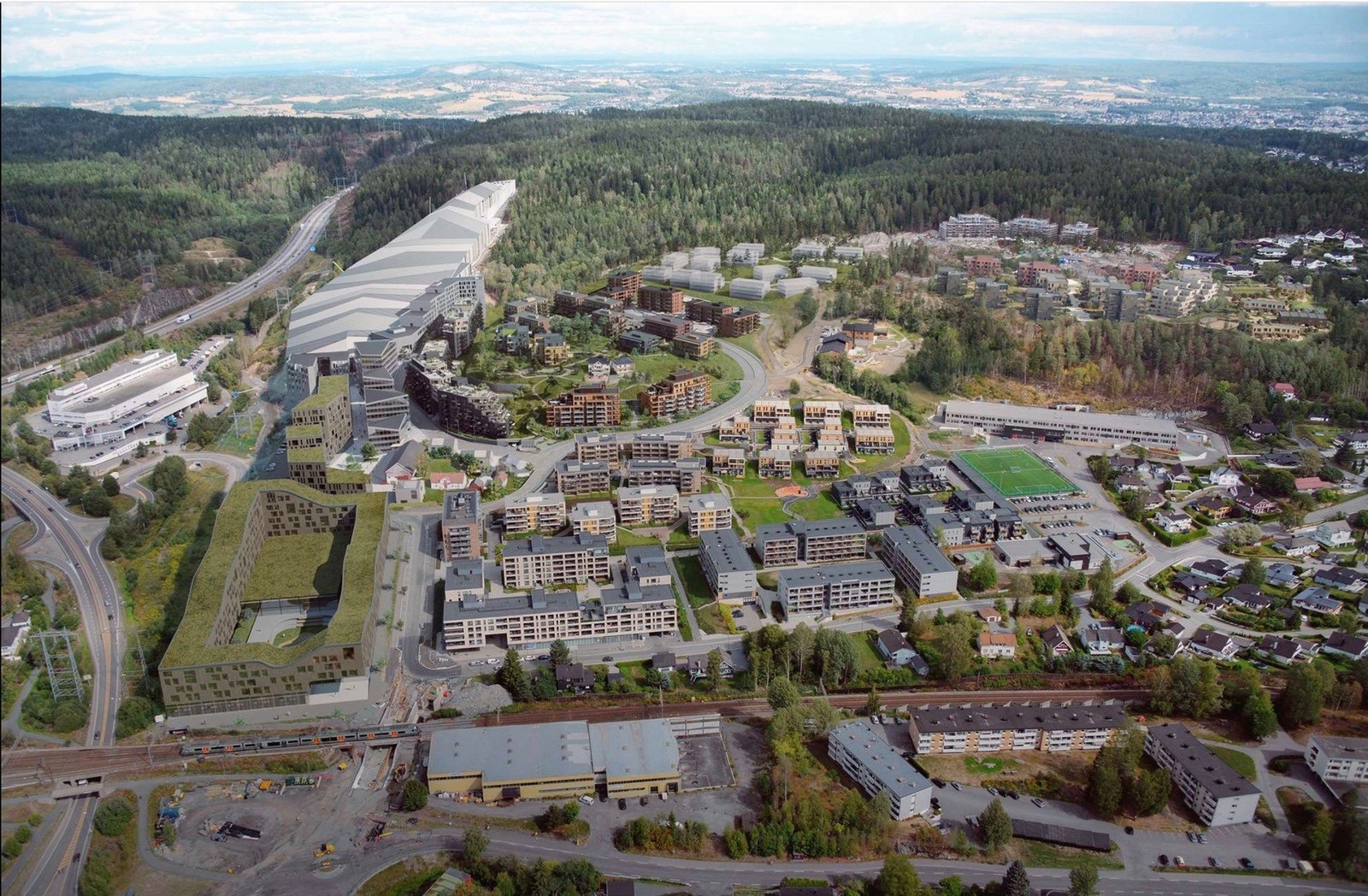 Oversiktsbilde av prosjekt og bebyggelse rundt. Bildet er lånt av utbygger og er kun ment som en illustrasjon av prosjektet Galleribilde