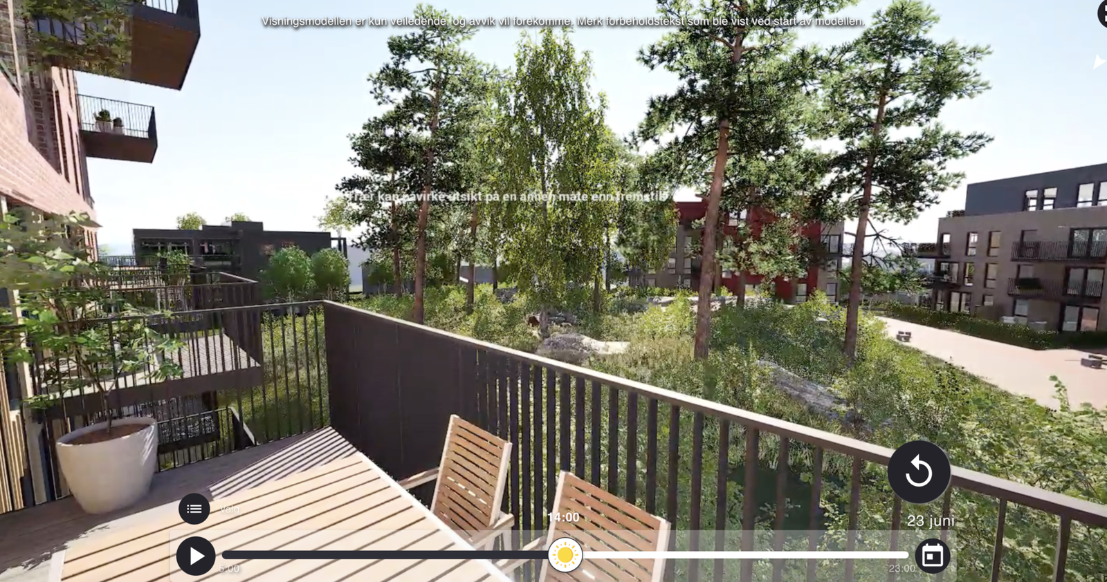 Bildet viser utsynet fra balkongen til den aktuelle leiligheten via utbyggers solmodell. Bildet er en illustrasjon og kan avvike fra ferdig leveranse Galleribilde