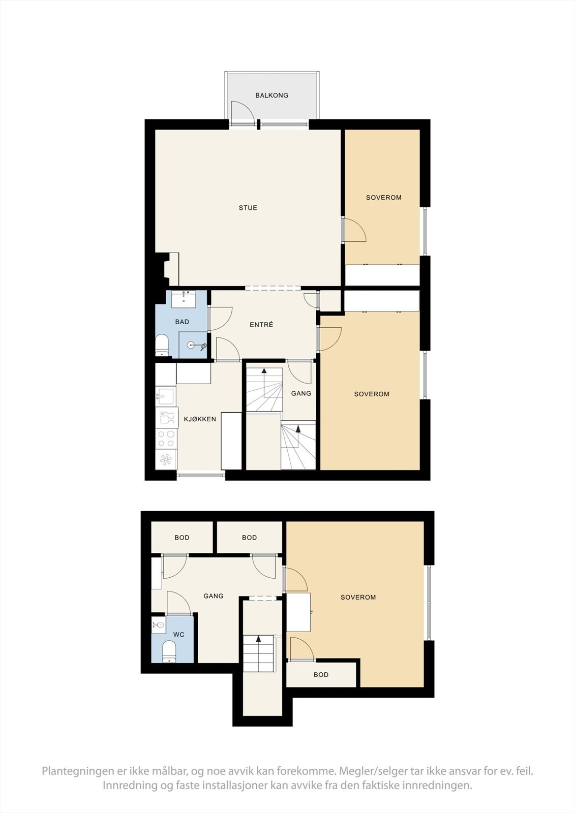 Plantegning.
NB: Det er kun det innredet rommet på loftet samt boder som tilhører leiligheten. Det andre er fellesareal. Galleribilde