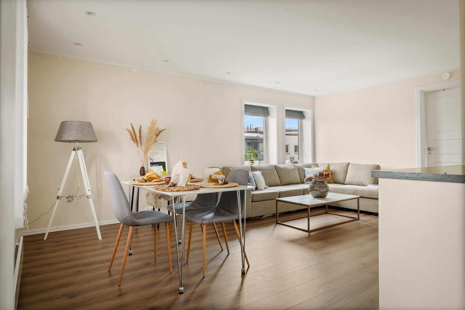 Det er god plass til både spisestue og sofagruppe. Galleribilde