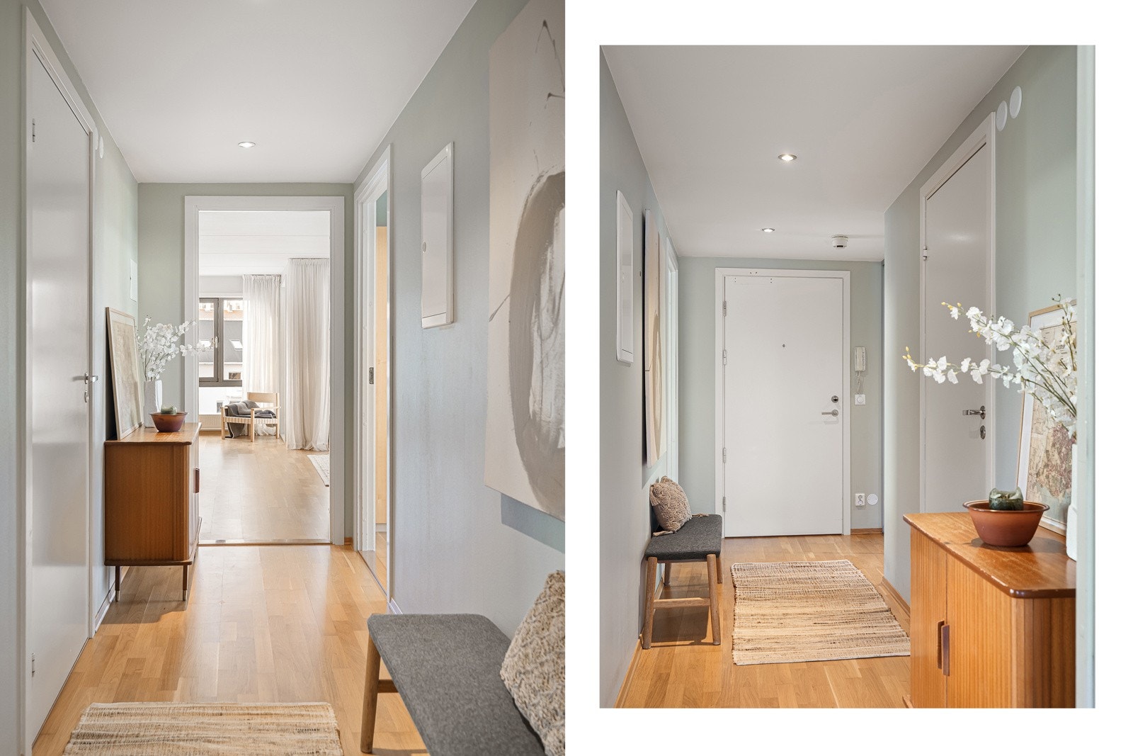 Velkommen inn i en lys og behagelig entré med rikelig plass til oppbevaring av yttertøy og sko i en praktisk skyvedørsgarderobe Galleribilde