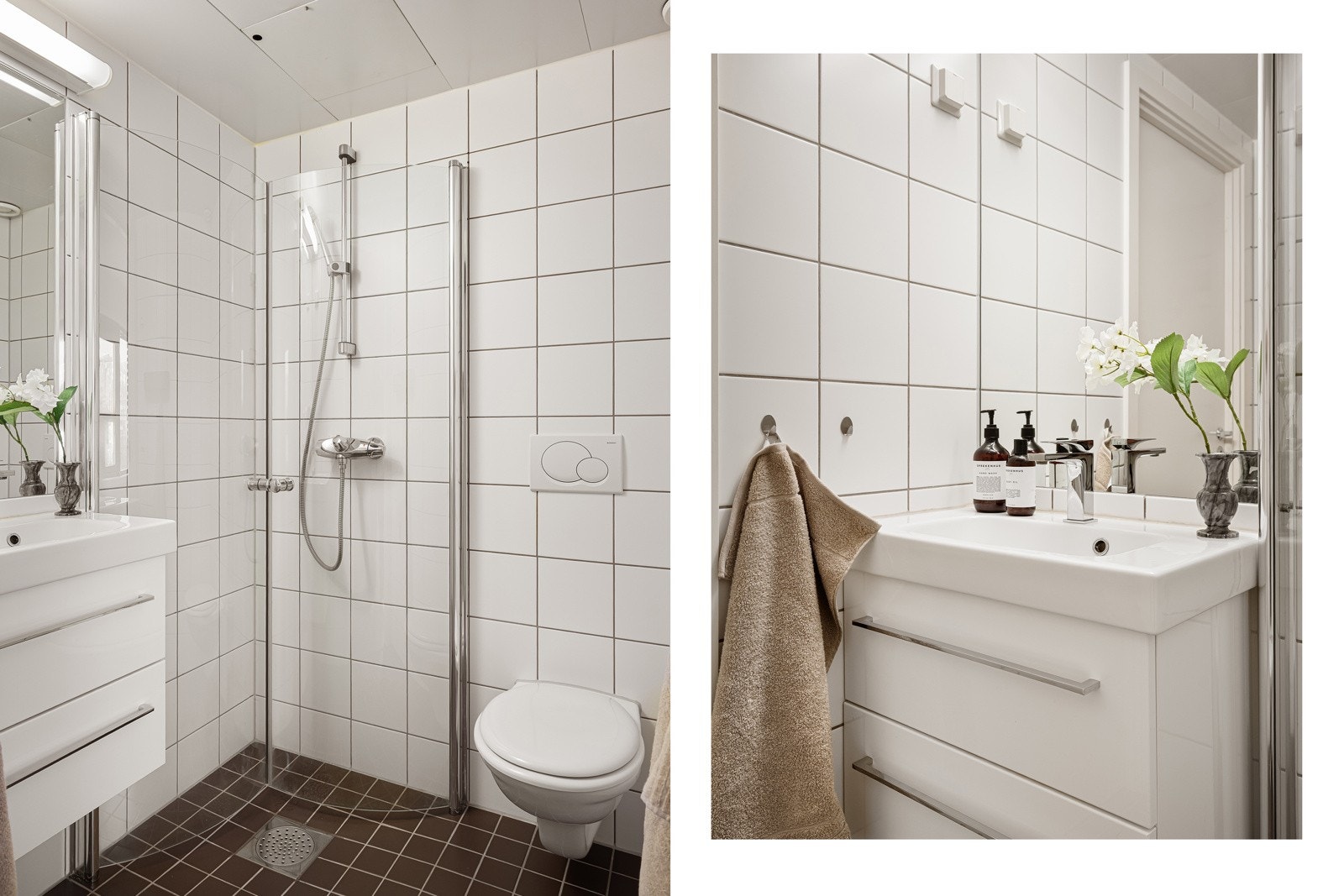 Begge badene er innredet med dusj med svingbare glassdører, vegghengt toalett og servant med skuffer og integrert belysning Galleribilde