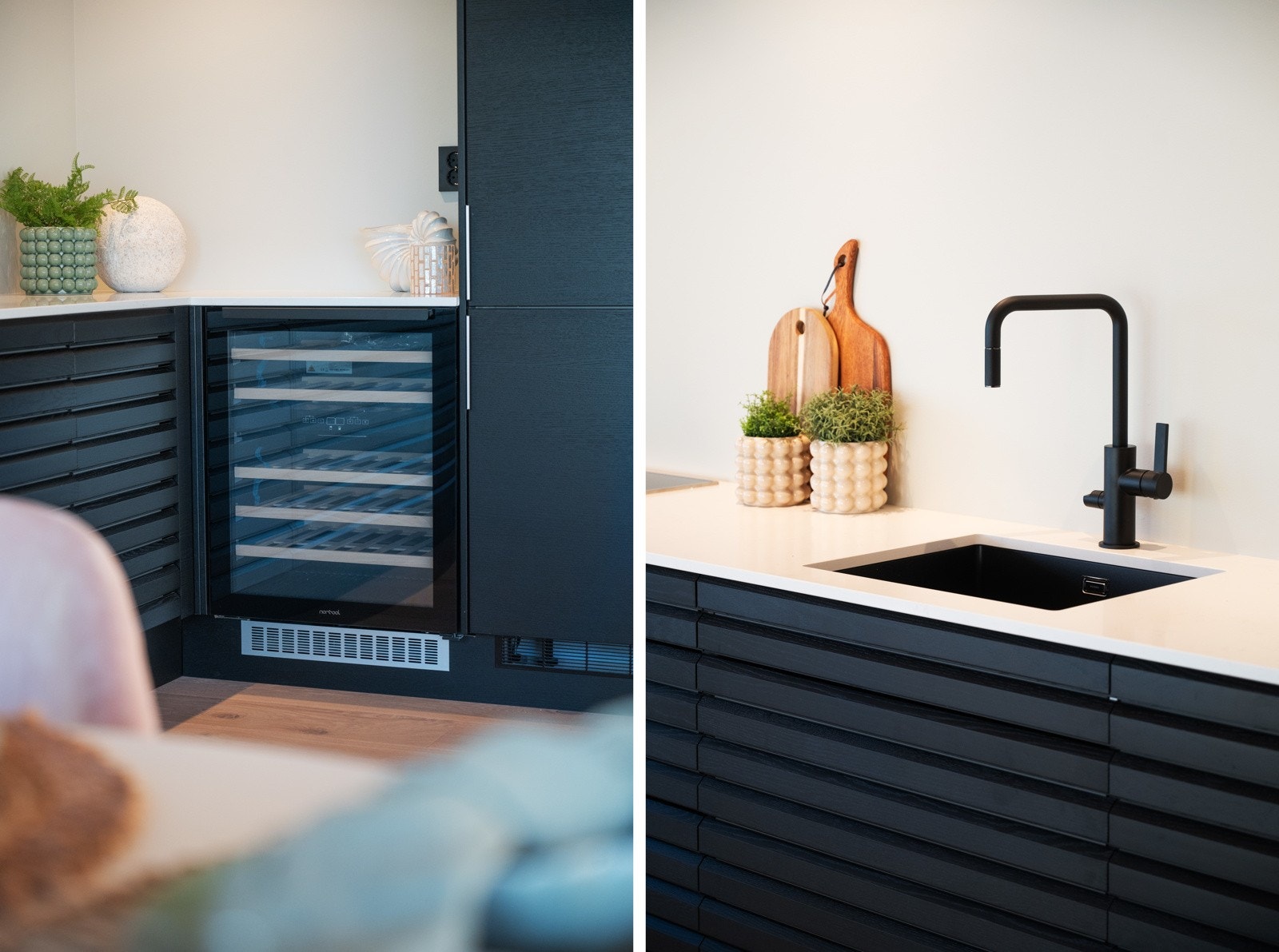 Caesarstone (kompositt) benkeplate med underlimt oppvaskkum og vinskap fra Norcool. Galleribilde