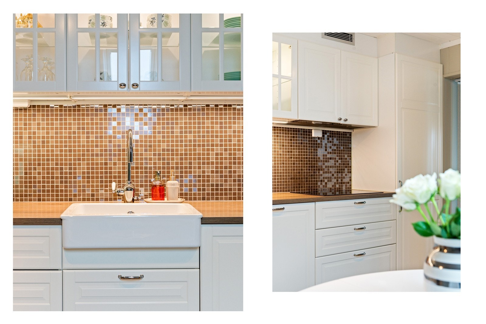 Kjøkkenet er pent og delikat i fargevalg. Galleribilde