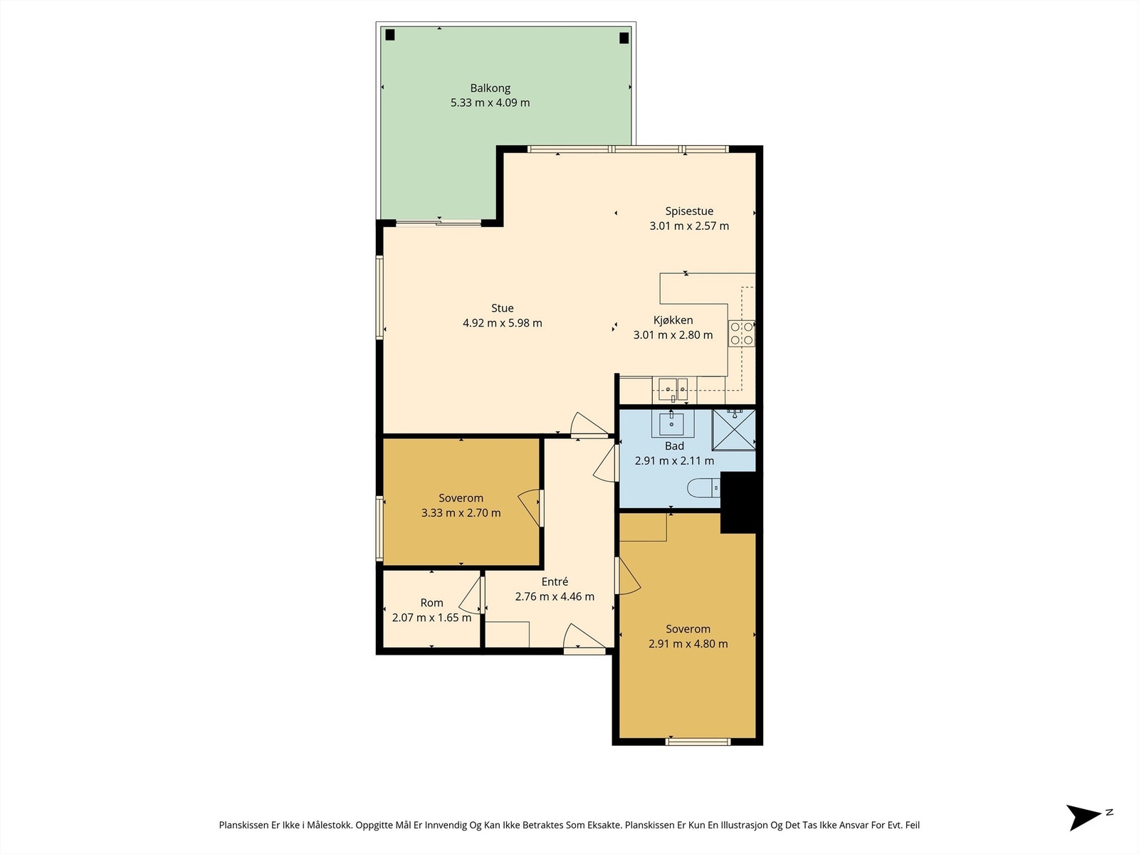 Plantegningen viser en arealeffektiv planløsning med to soverom, bad og åpen stue-kjøkkenløsning. Galleribilde