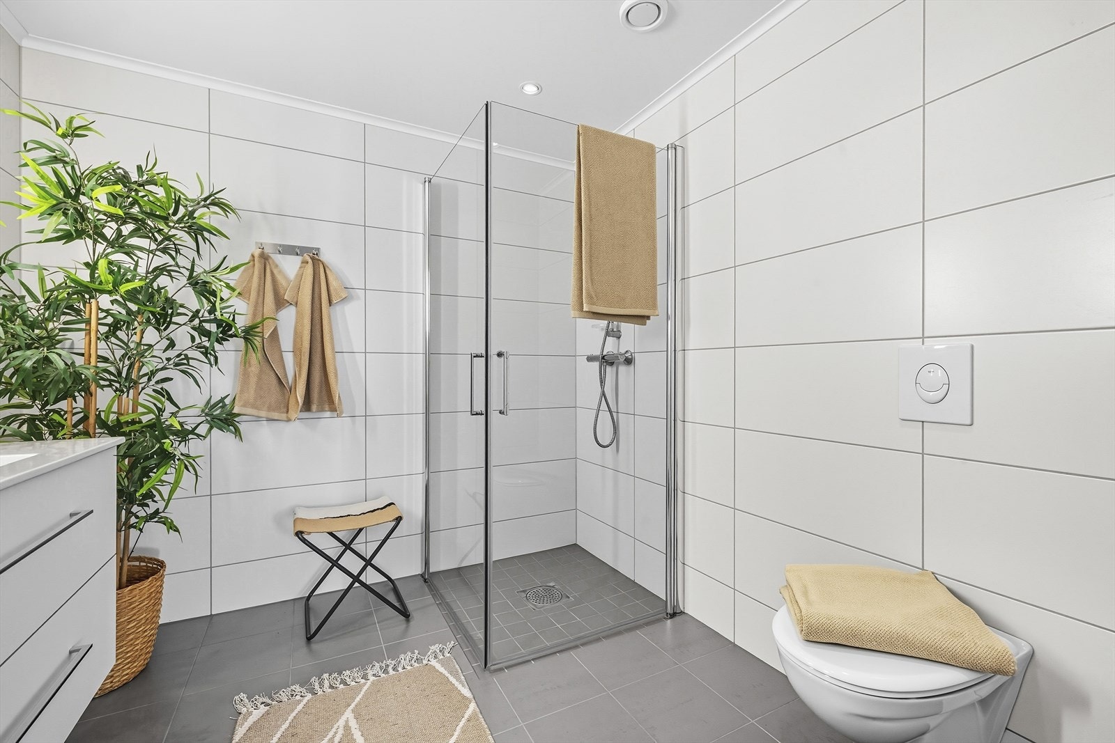 Stort dusjhjørne med glassvegg og vegghengt dusjgarnityr. Vegghengt toalett Galleribilde