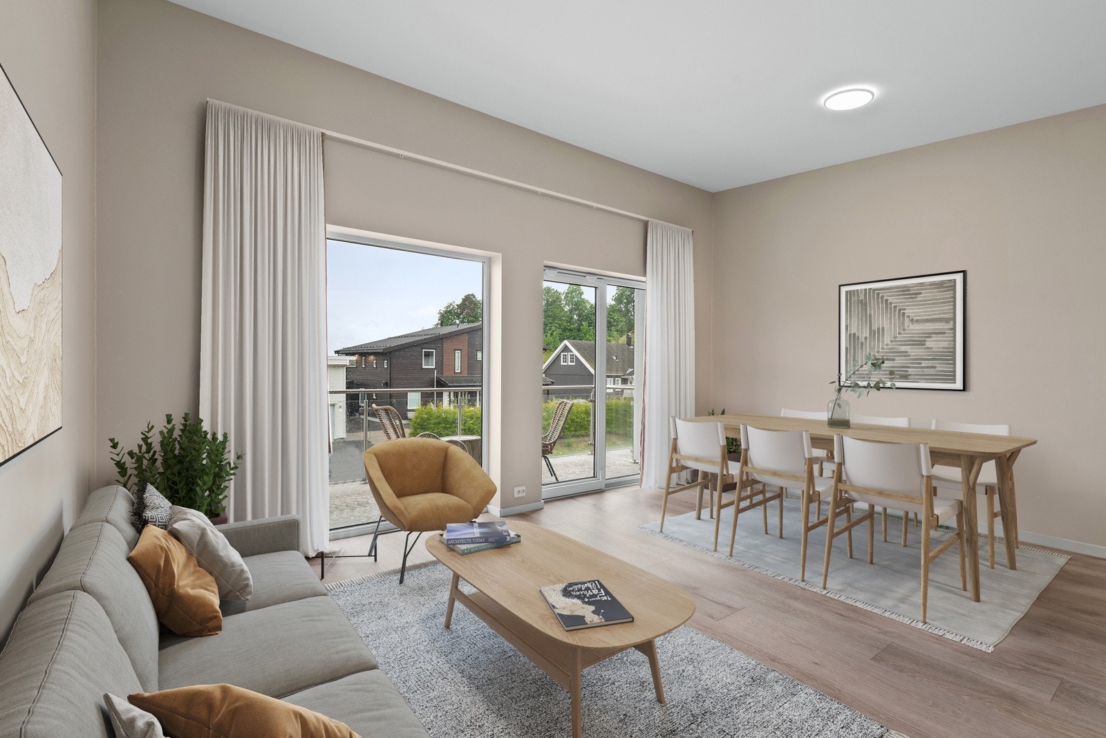 I 2. etg. er det også en meget romslig stue & kjøkkenløsning med skyvedør ut til balkongen. (Bildet er digitalt møblert) Galleribilde