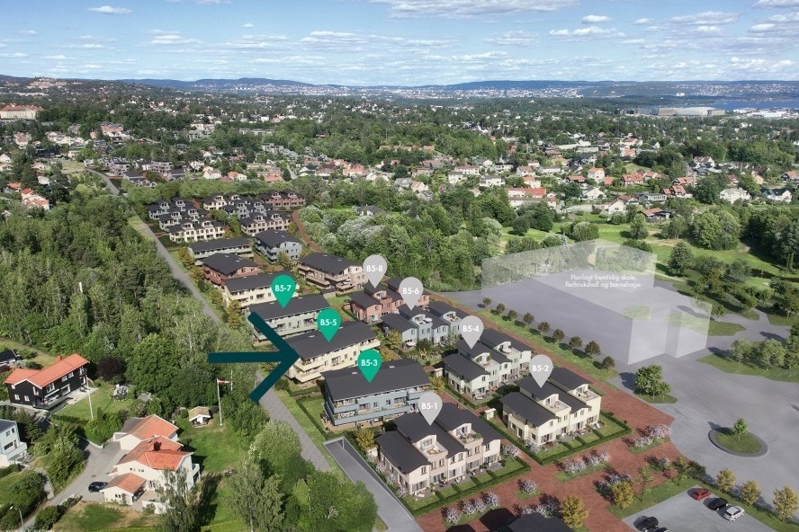 Ballerud Hageby m/store hageareal og Samdyrkelag i regi U.Reist. Omtrentlig avmerking av hus B5-5. Galleribilde