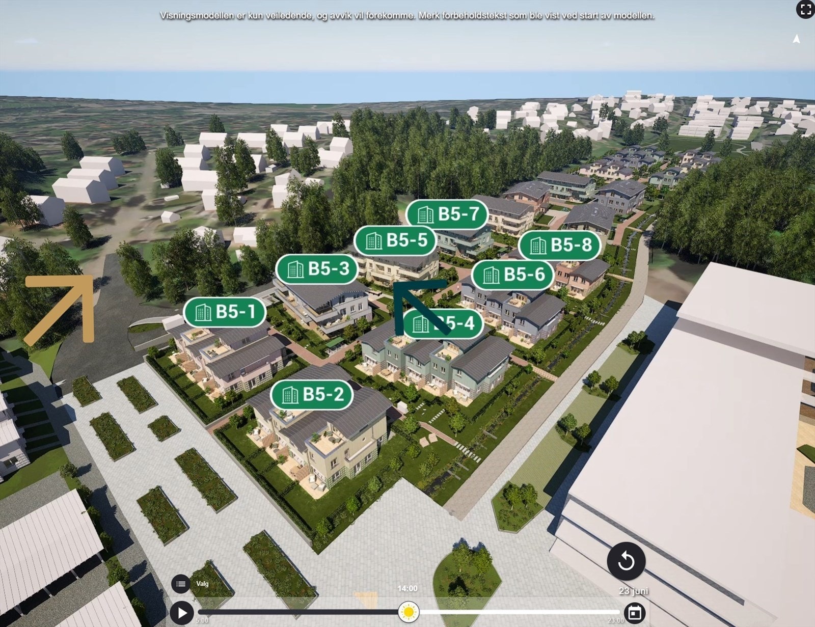 Gyllen pil - Gjønnesveien. Grønn pil - Omtrentlig plassering av B5-5-34. Søk Husbank-/grønt boliglån. Galleribilde