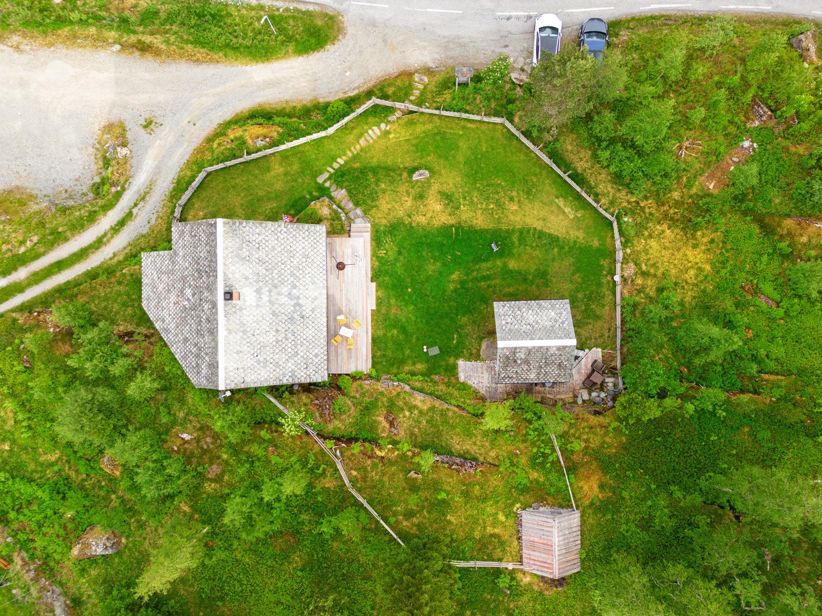 Deler av eiendommen er inngjerdet og består av hytte, uthus og brønnhus. Galleribilde