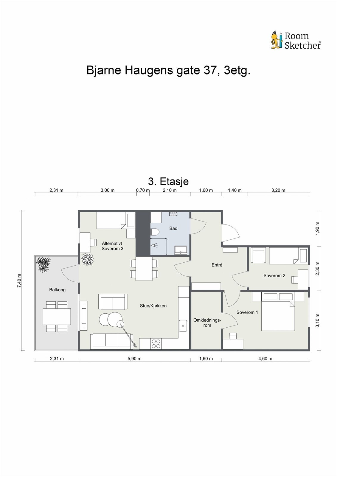 Leiligheten ligger i 3. etasje med heisadkomst. Ønsker man ett ekstra soverom, så er det mulighet til å sette opp en lettvegg i stuen. Galleribilde