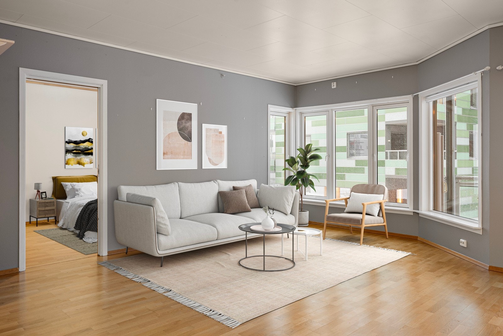 Lys og trivelig 3-roms i hjertet av Bjerkaker. Her bor du nært flere dagligvarer, apotek, treningssenter, gatekjøkken og mer til! (Bildet er 3D-skissert og ment som illustrasjon).