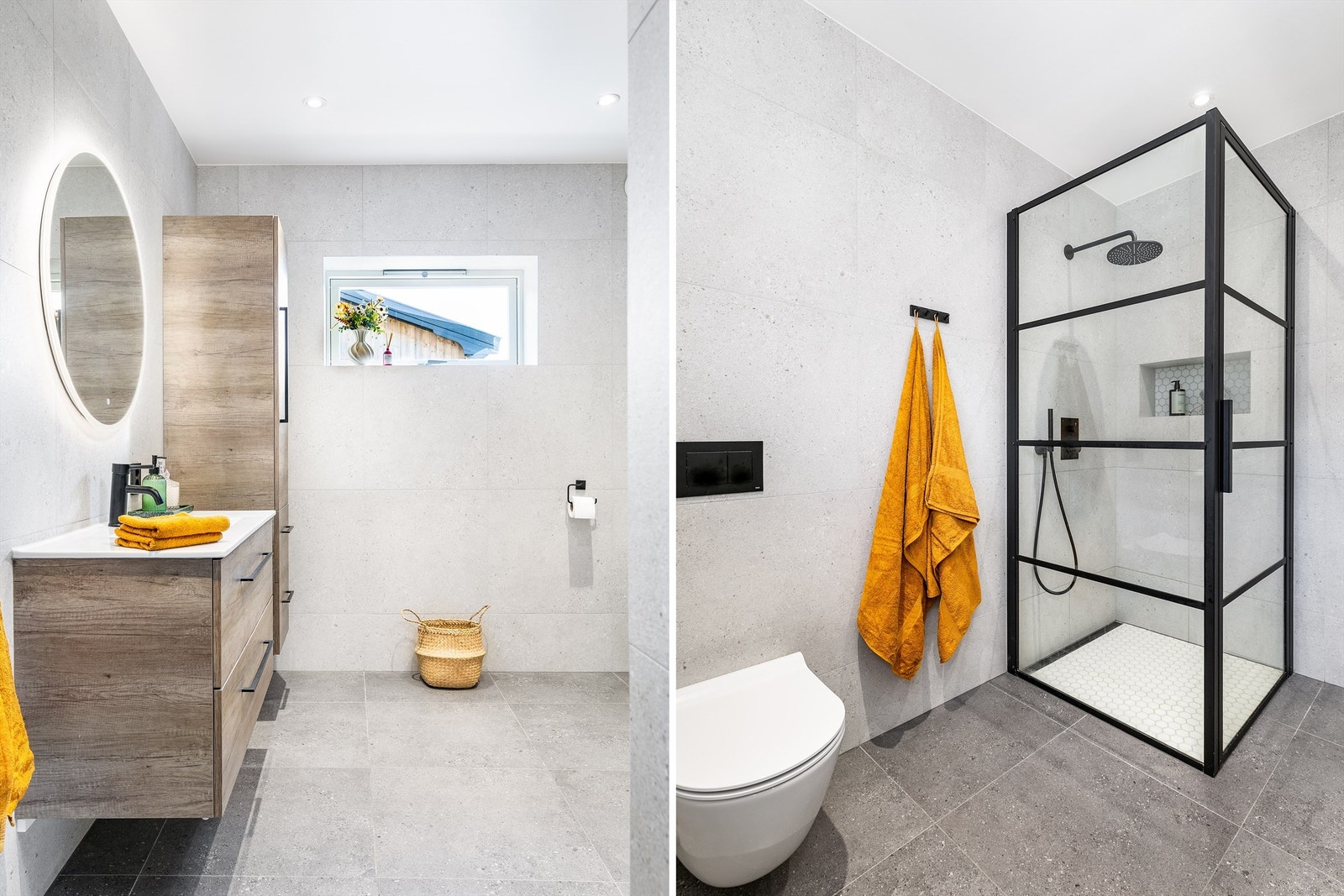 Lekre, stilsikre bad inngår i både første etasje og kjelleren. Dette ble bygget opp på nytt fra bunnen av i 2022 - med vannbåren gulvvarme. Galleribilde