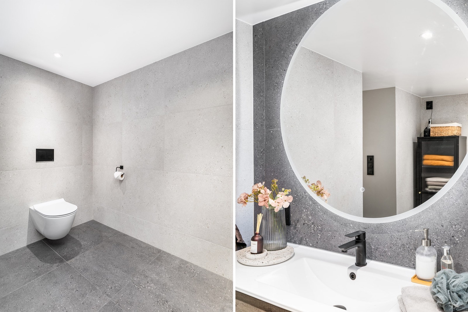 Gulv og vegger er som på badet i første helhetlig utført med aktuelle terrazzo-fliser i grå nyanser, dusjnisjens gulv med hvite hexagon-fliser. Galleribilde