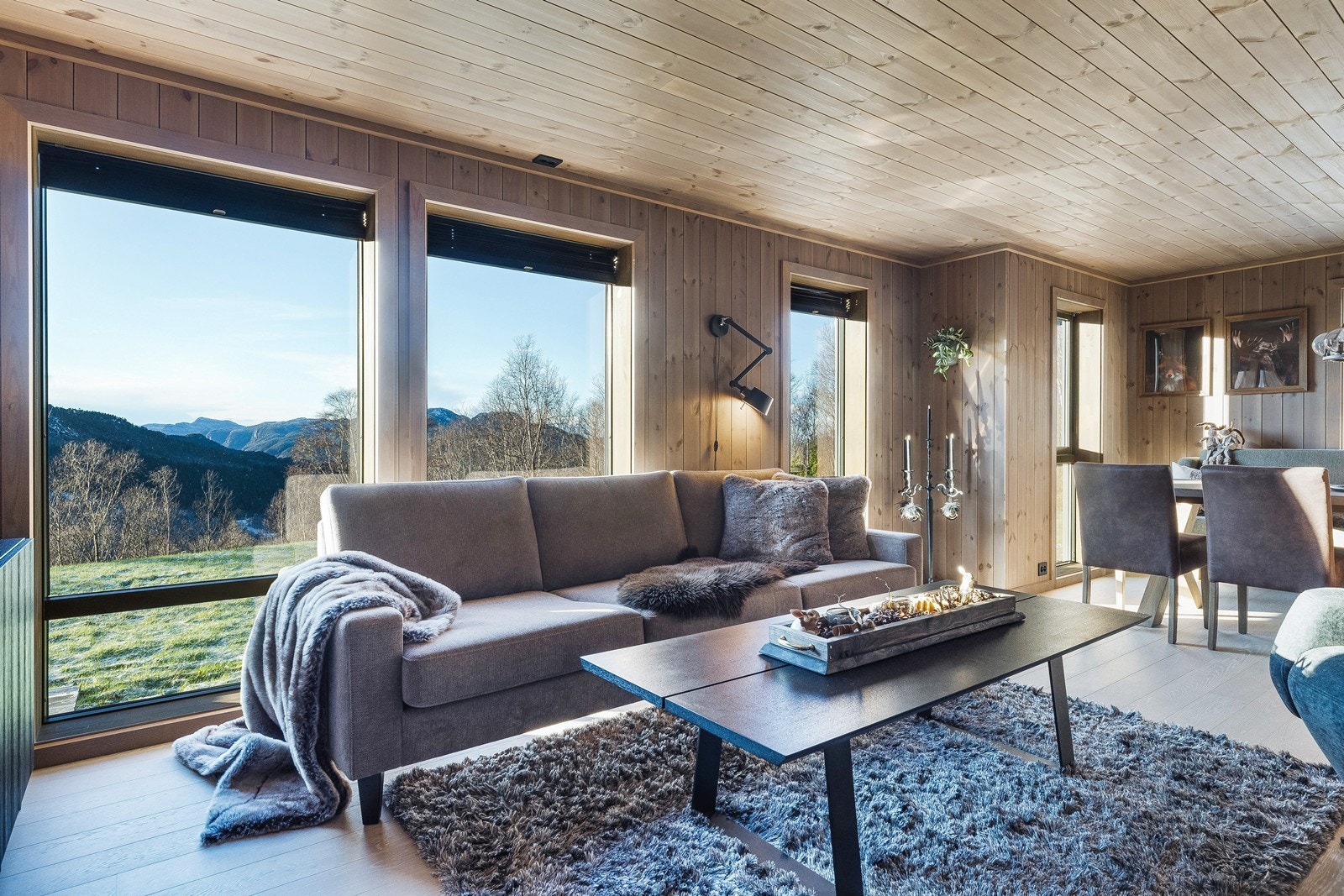 Store vindusflater i hele fronten på hytta bidrar til en nydelig atmosfære, med masse naturlig lys og naturen rett inn i stua. Galleribilde