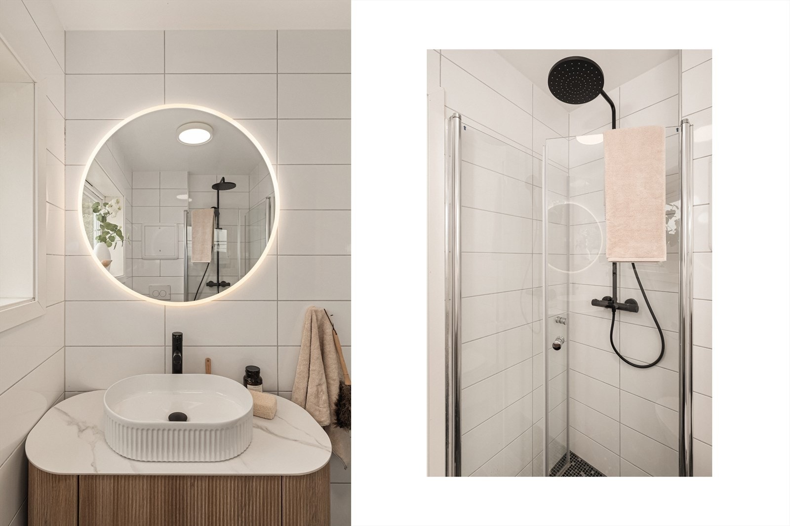 Badet er innredet med servant, vegghengt toalett og dusjhjørne med regndusj. Galleribilde