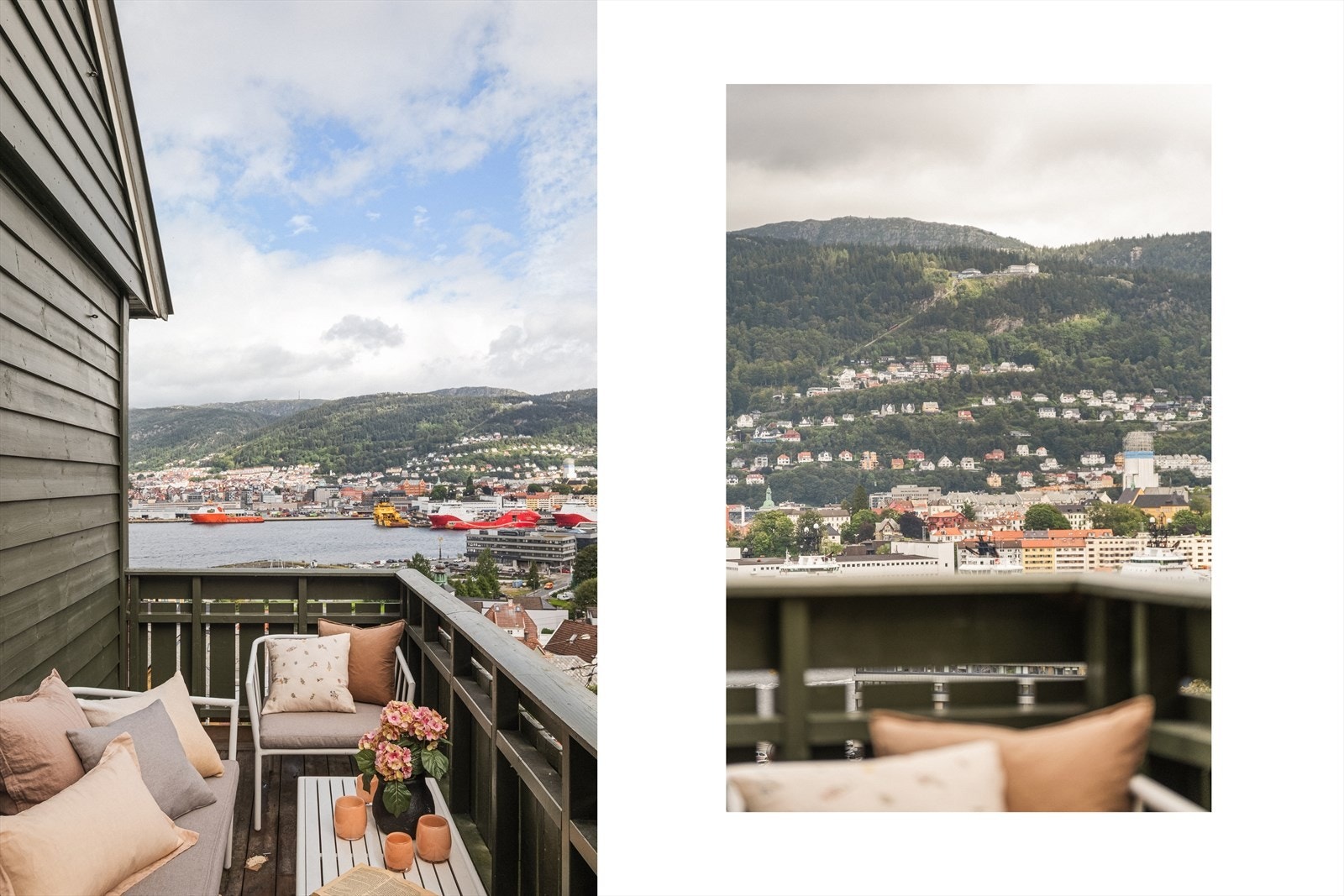 Romslig balkong med flott utsikt mot Byfjorden og byfjellene, samt herlig formiddagssol. Galleribilde