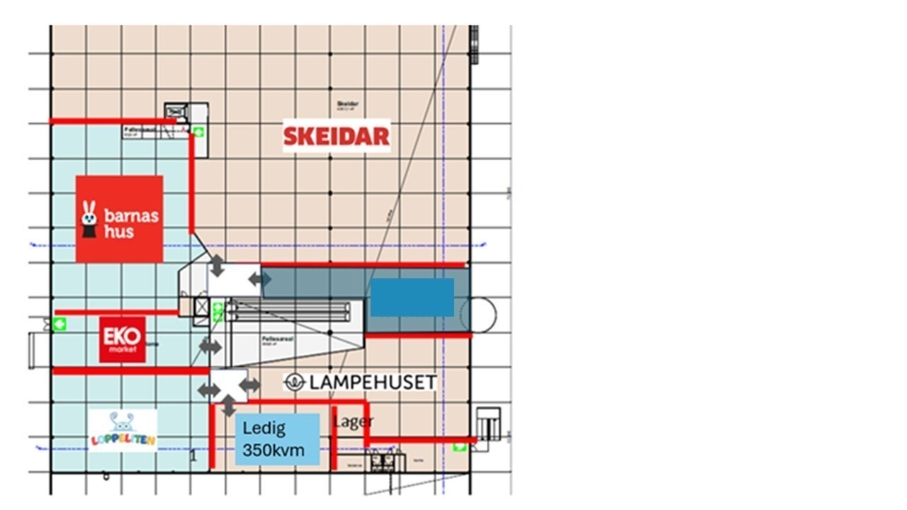 Plantegningen viser ledig lokalet i 2.etg på ca.350 kvm BTA, beliggende mellom Loppeliten og Lampehuset. Galleribilde