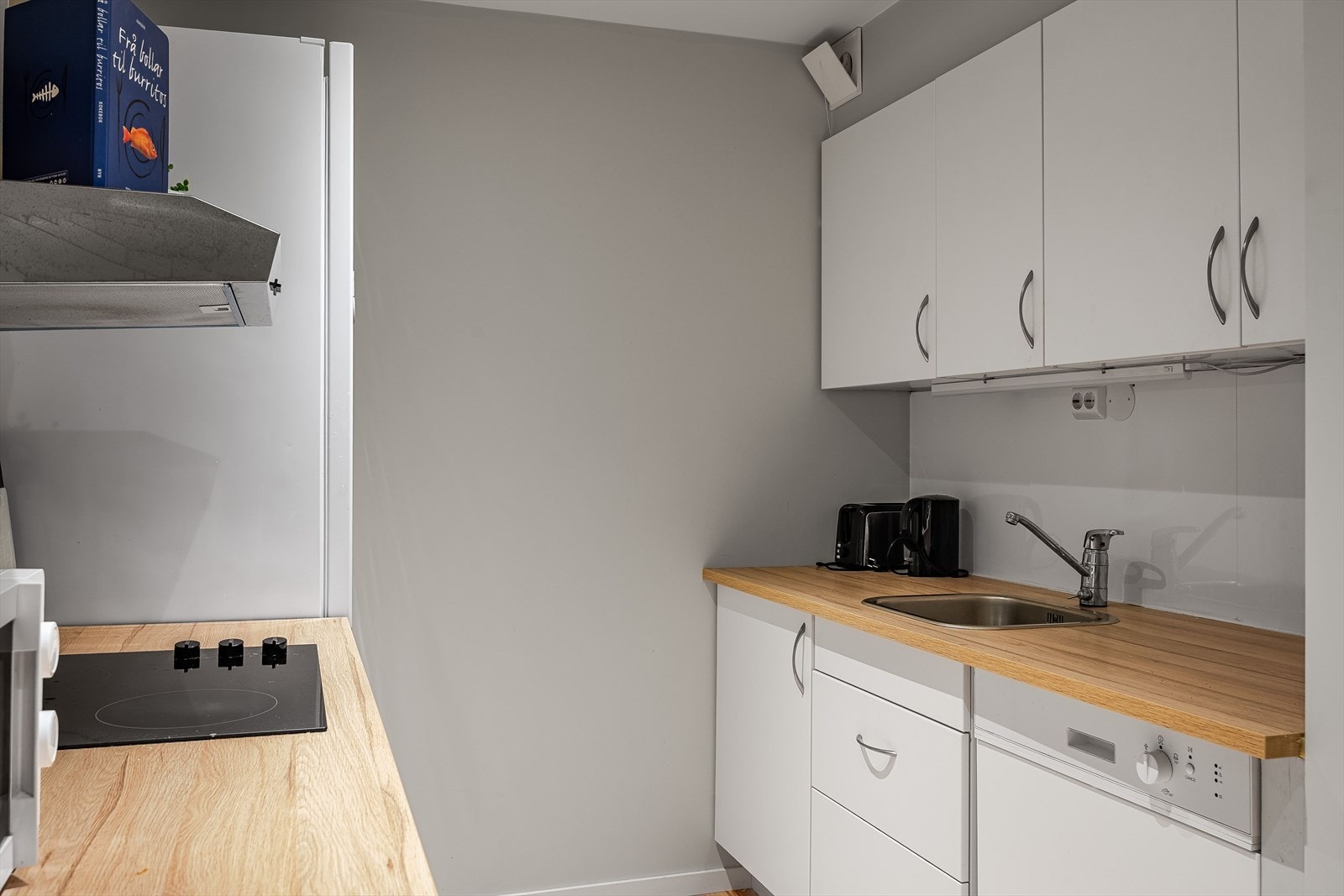 Innredningen har lyse fronter, laminert benkeplate med nedfelt oppvaskkum og medfølgende hvitevarer. Galleribilde