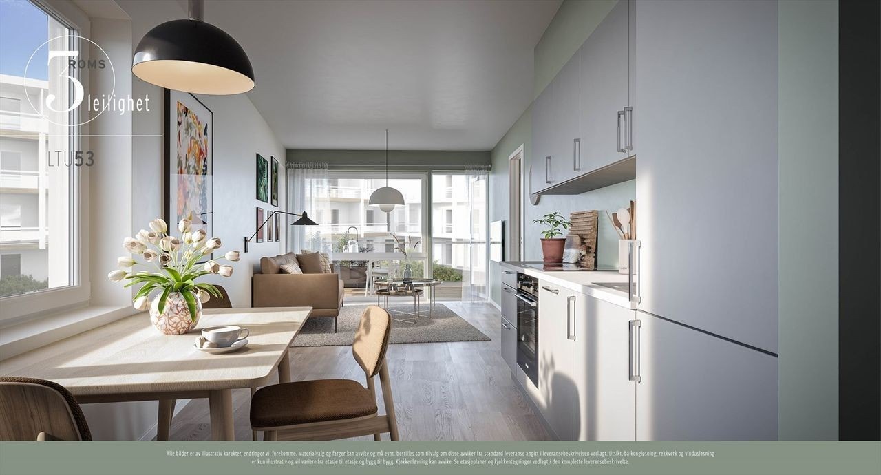 Illustrasjonsbilde fra stuen og kjøkkenet Galleribilde