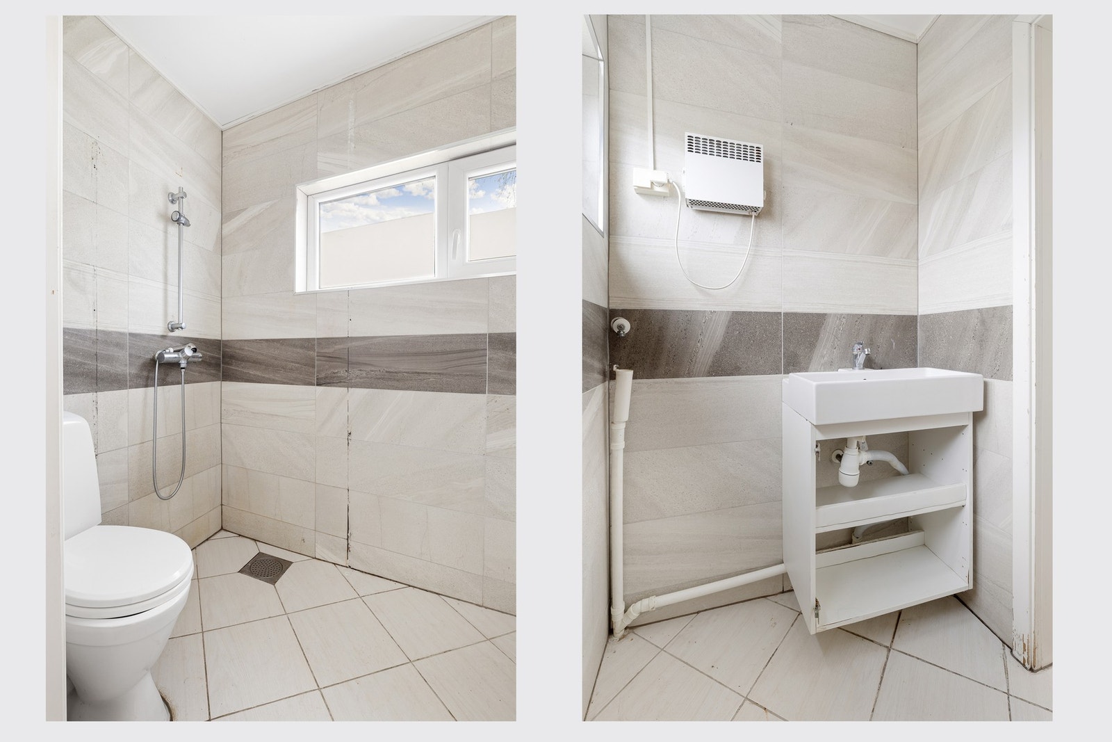 Badet i andre etasje har flislagte vegger og gulv, og er innredet med servant, toalett, dusjhjørne uten tildekking og opplegg for vaskemaskin. Galleribilde