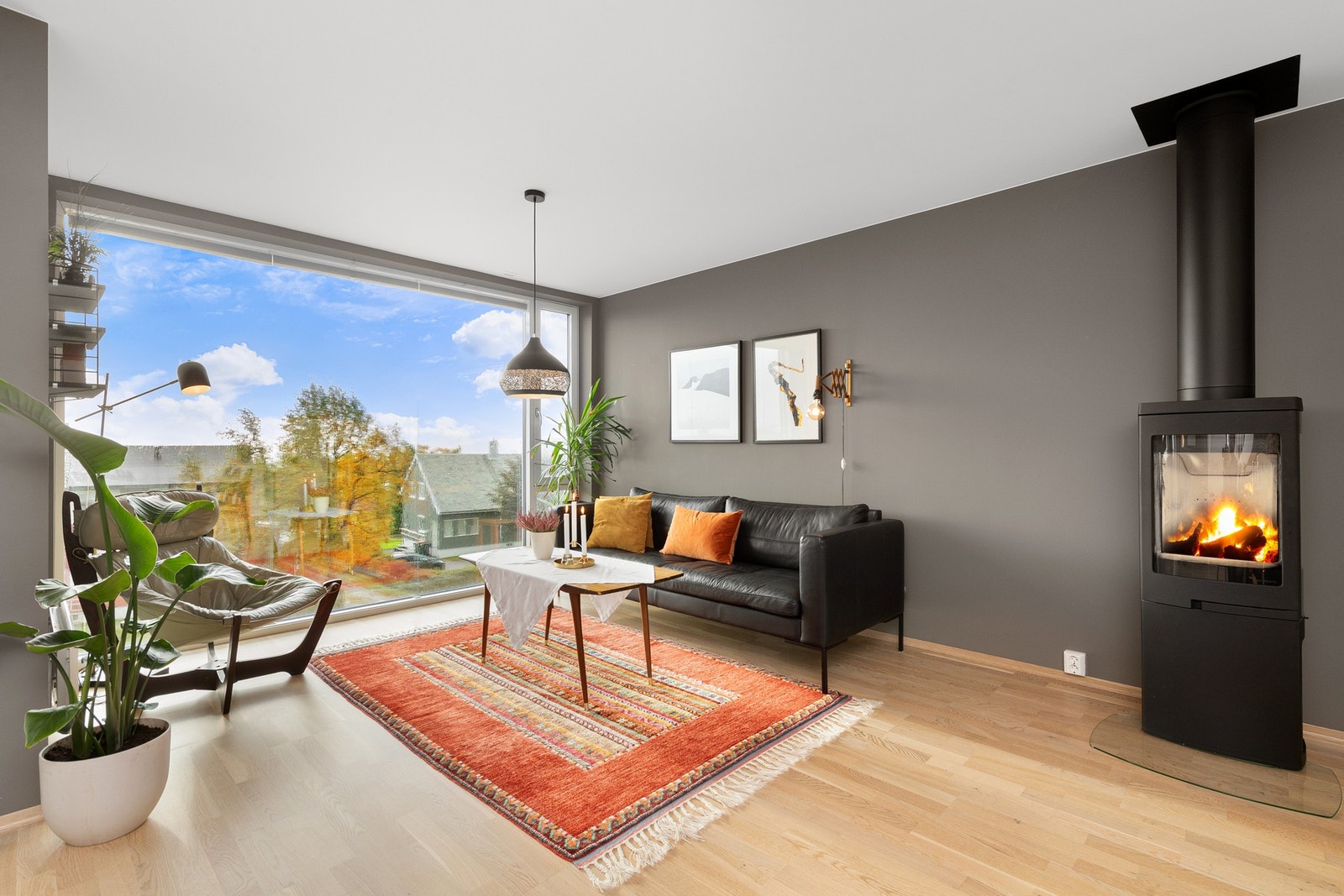 Vedovn med isolert stålpipe i stuen Galleribilde