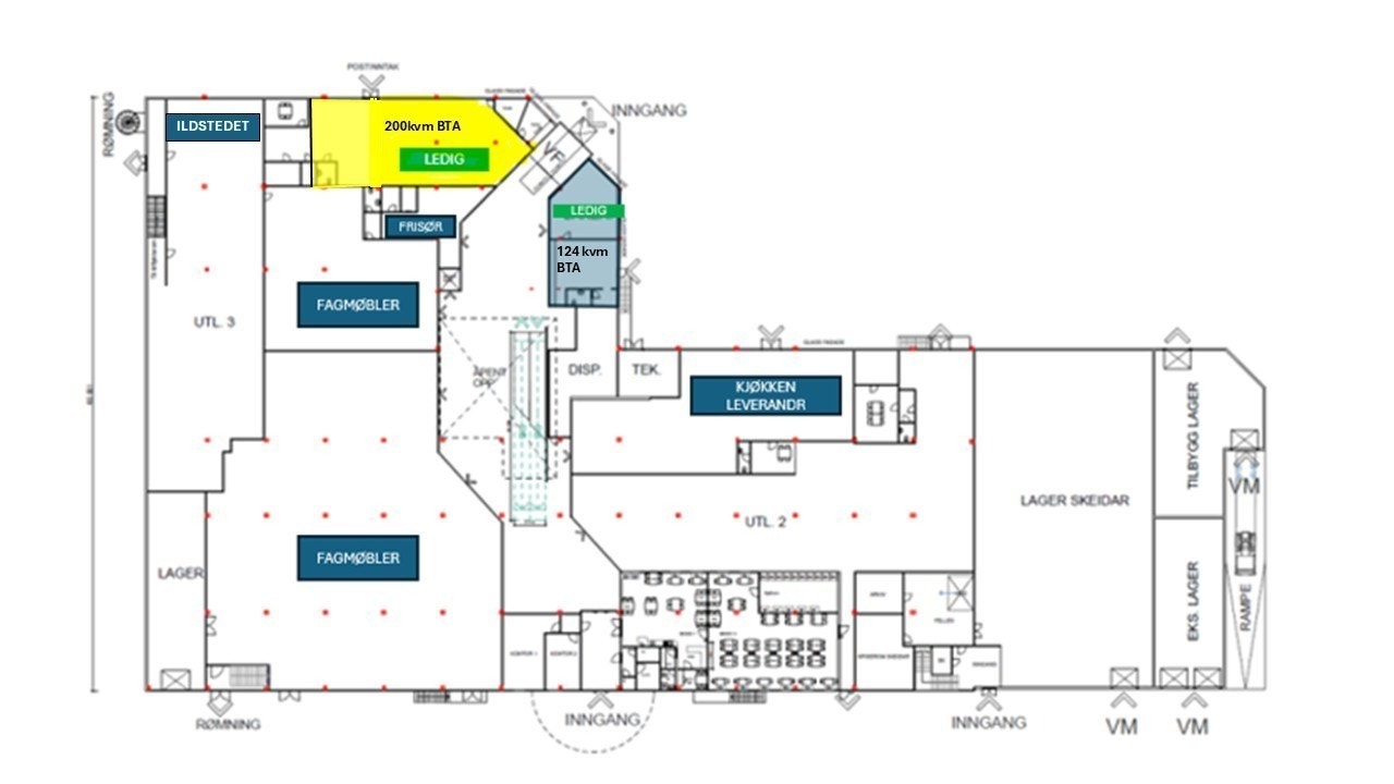 Plantegning av ledige lokaler på hver side av inngangen i 1.etg., hhv. på 200kvm BTA og 124 kvm BTA Galleribilde