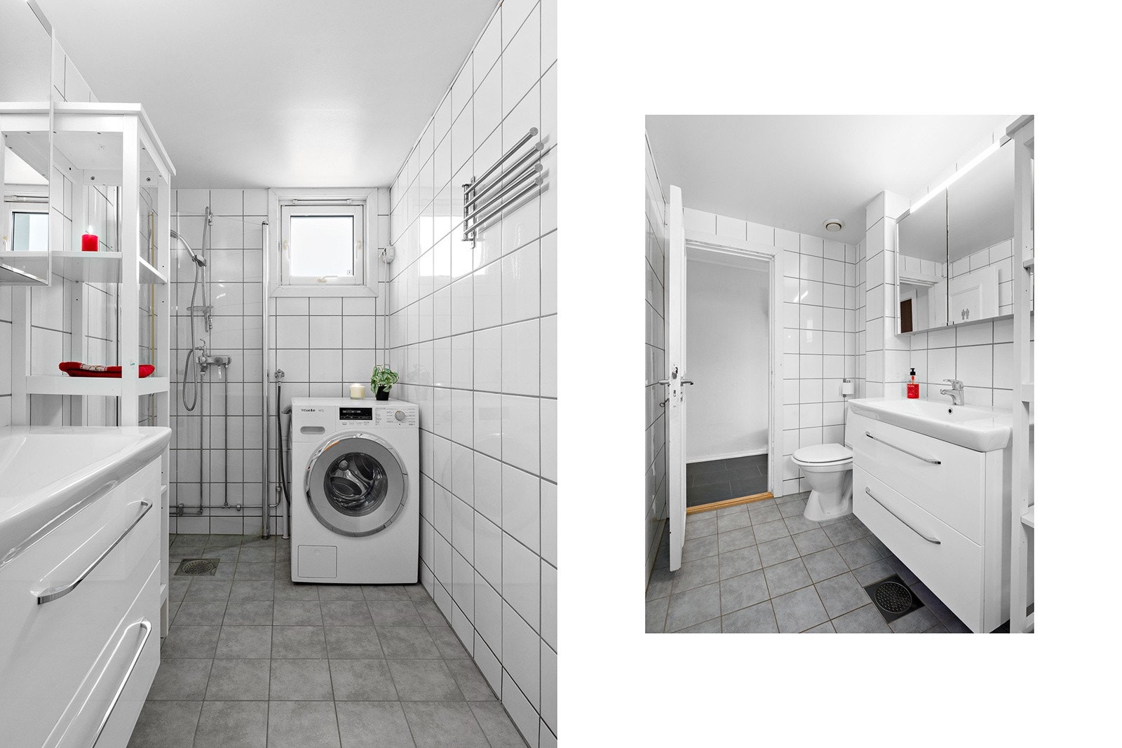 Flislagt baderom som ble pusset opp i regi av borettslaget i 2002. Baderomsgulvet ble støpt på nytt med nye varmekabler i 2014. Galleribilde